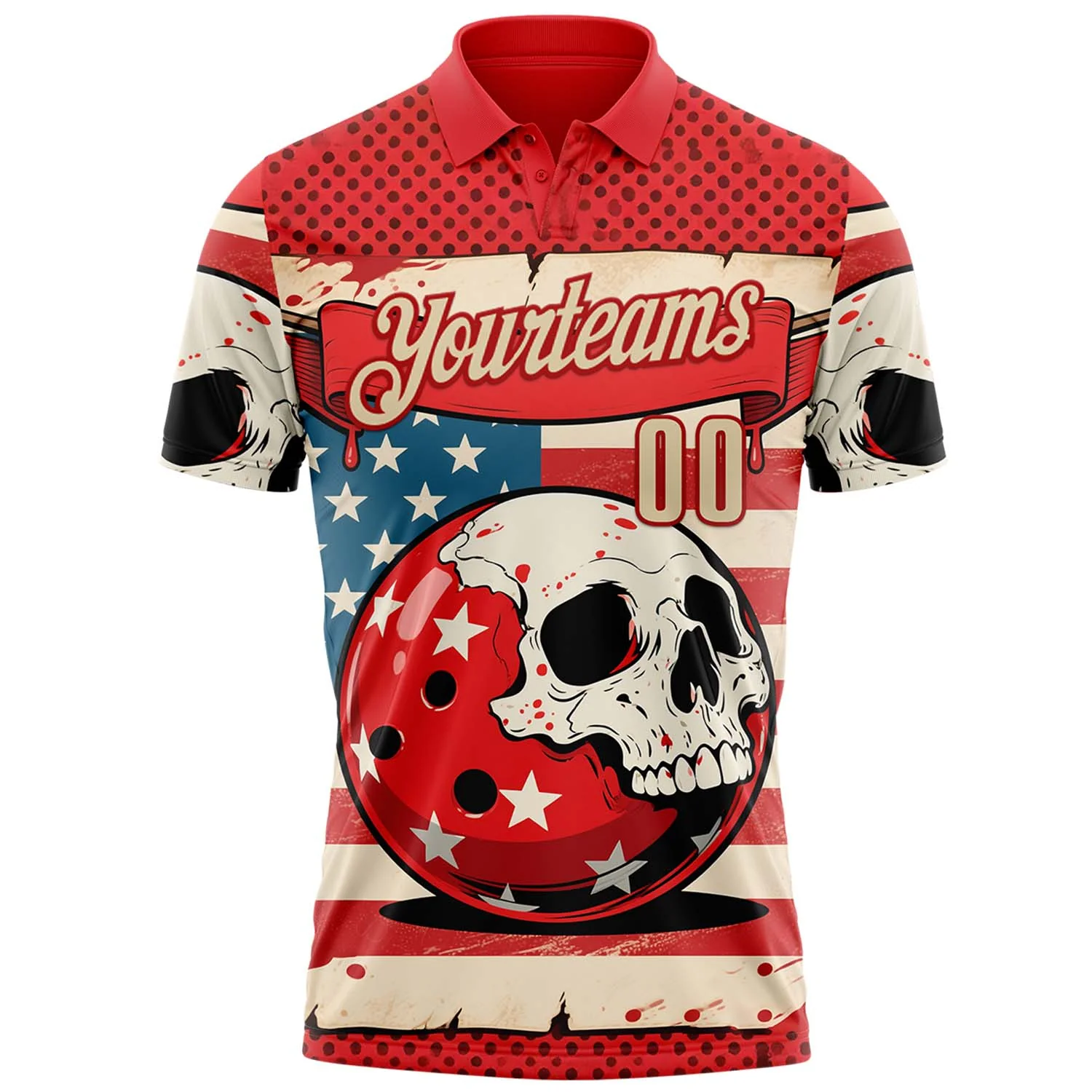 Custom Red Cream 3D Retro American Flag Skull Bowling Performance Polo Shirt