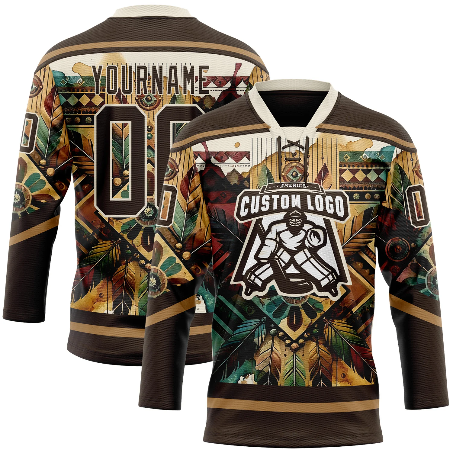 Custom Brown Old Gold-Cream 3D Pattern Tribal Indigenous Grunge Geometric Splash Hockey Lace Neck Jersey