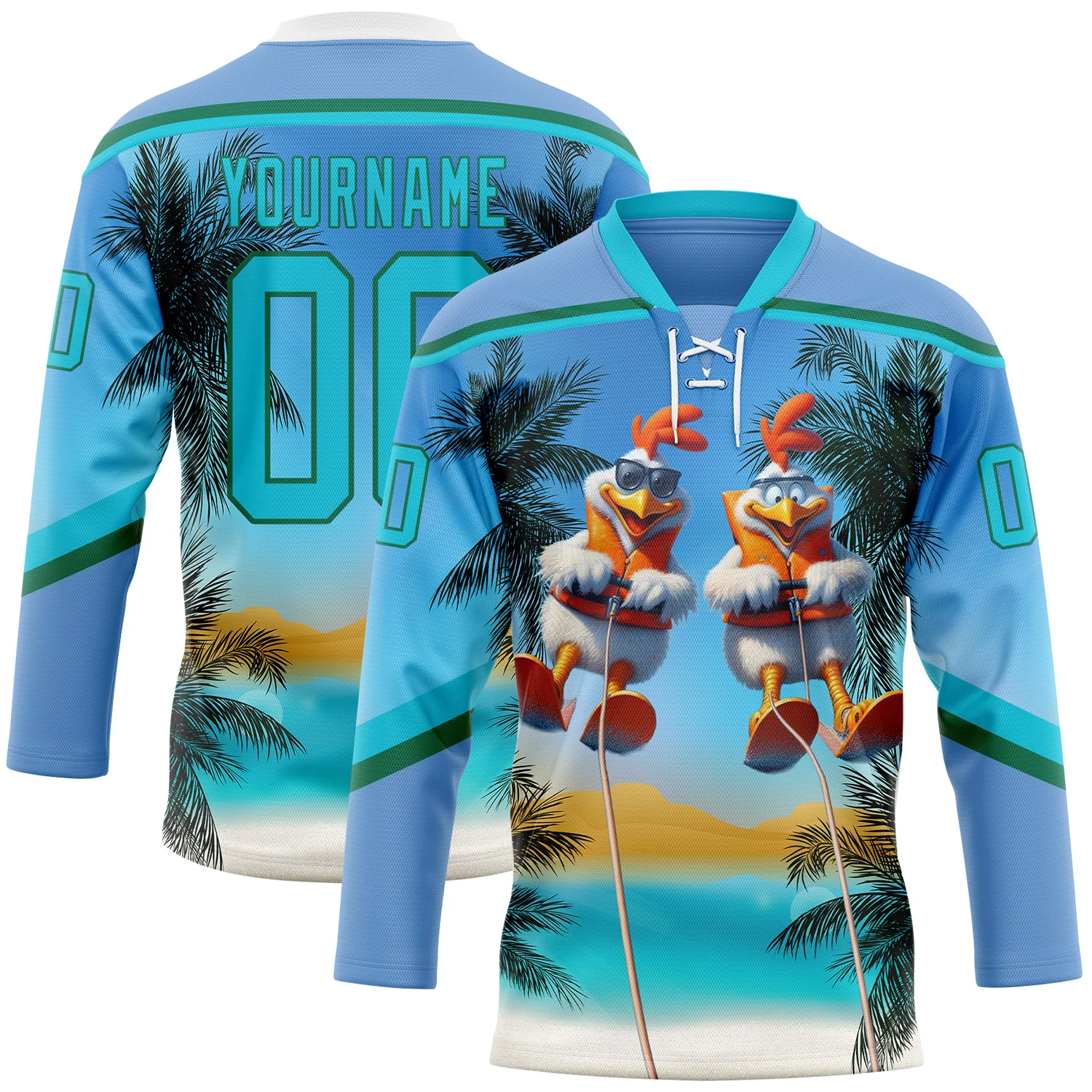 Custom Light Blue Lakes Blue-Kelly Green 3D Pattern Gradient Hawaii Tropical Palm Trees Hockey Lace Neck Jersey