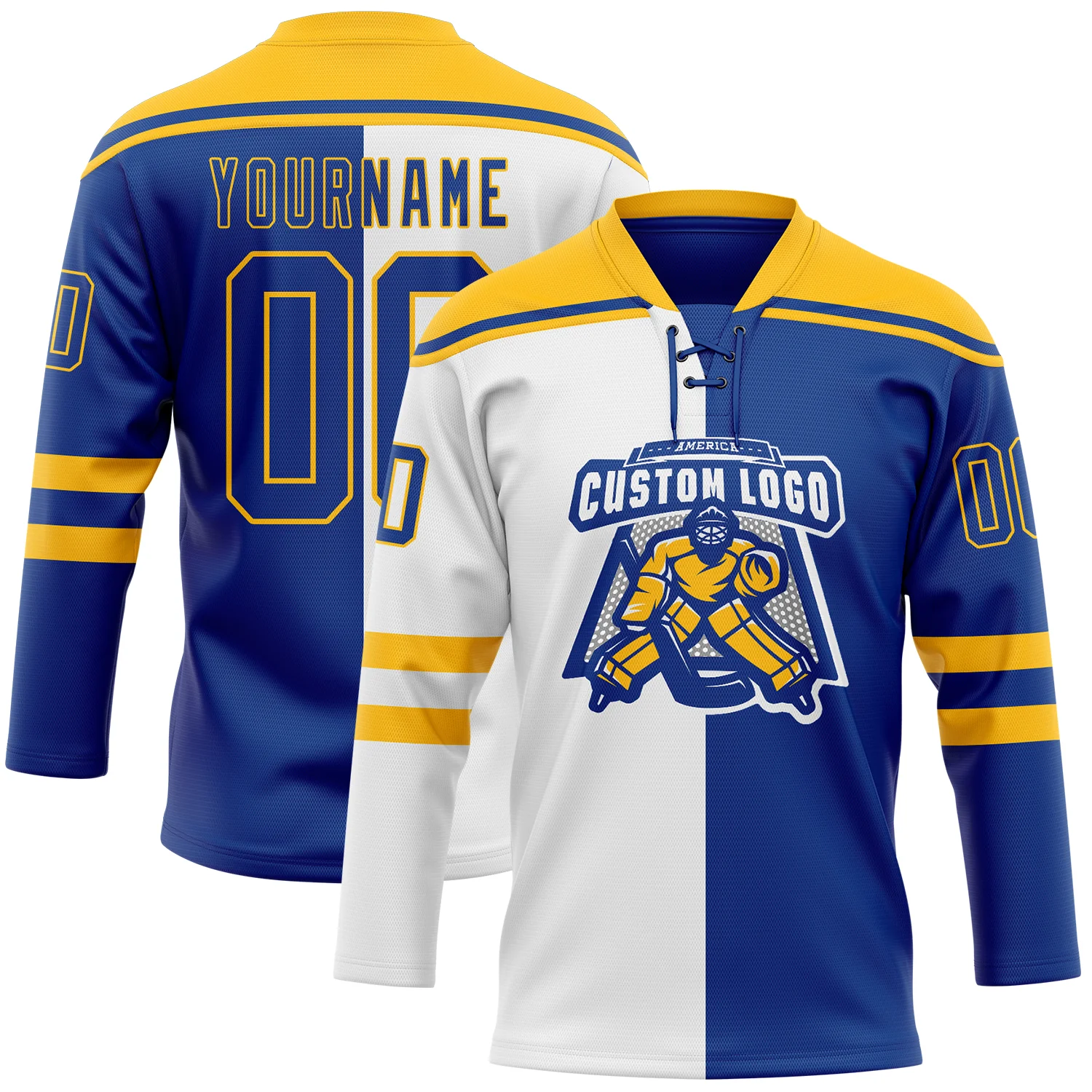 Custom Royal Gold-White Split Fashion Hockey Lace Neck Jersey