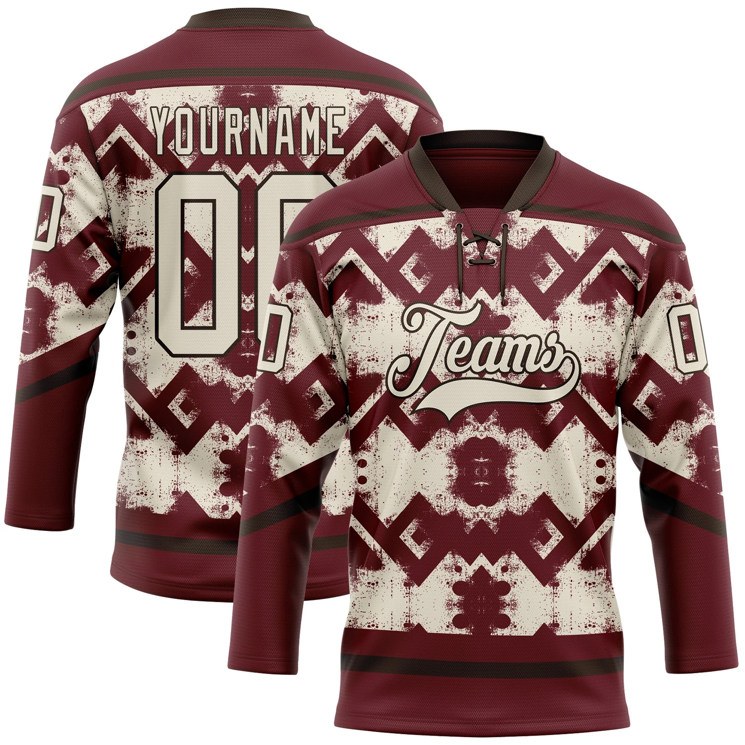 Custom Burgundy Cream-Brown 3D Pattern Tribal Indigenous Grunge Geometric Splash Hockey Lace Neck Jersey