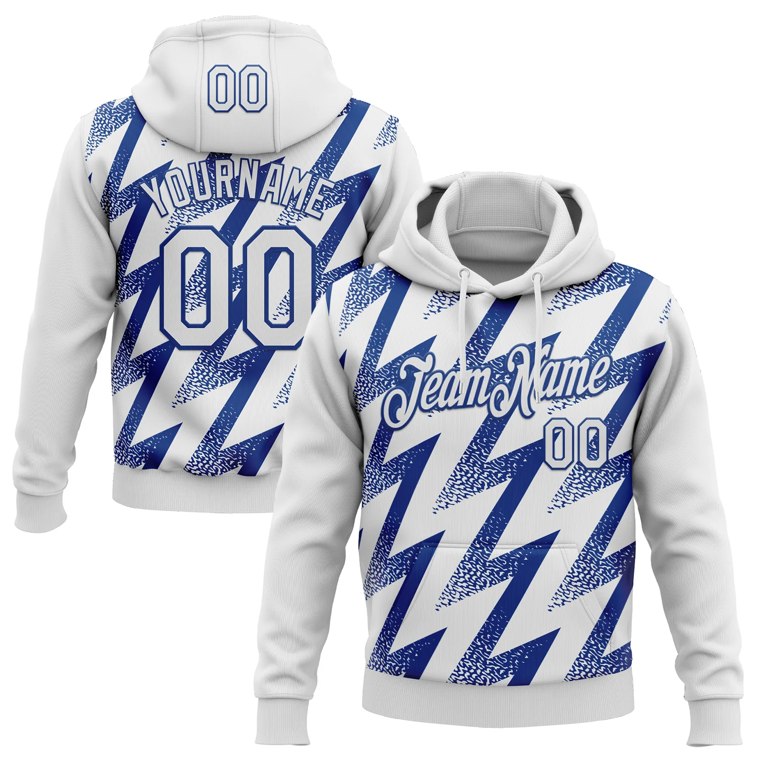 Custom Stitched White Royal 3D Pattern Design Zigzag Shape Sports Pullover Sweatshirt Hoodie