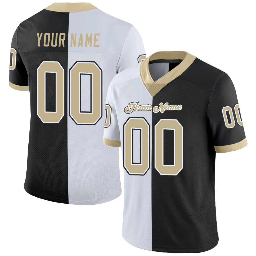 Custom Black Vegas Gold-White Split Fashion Football Jersey