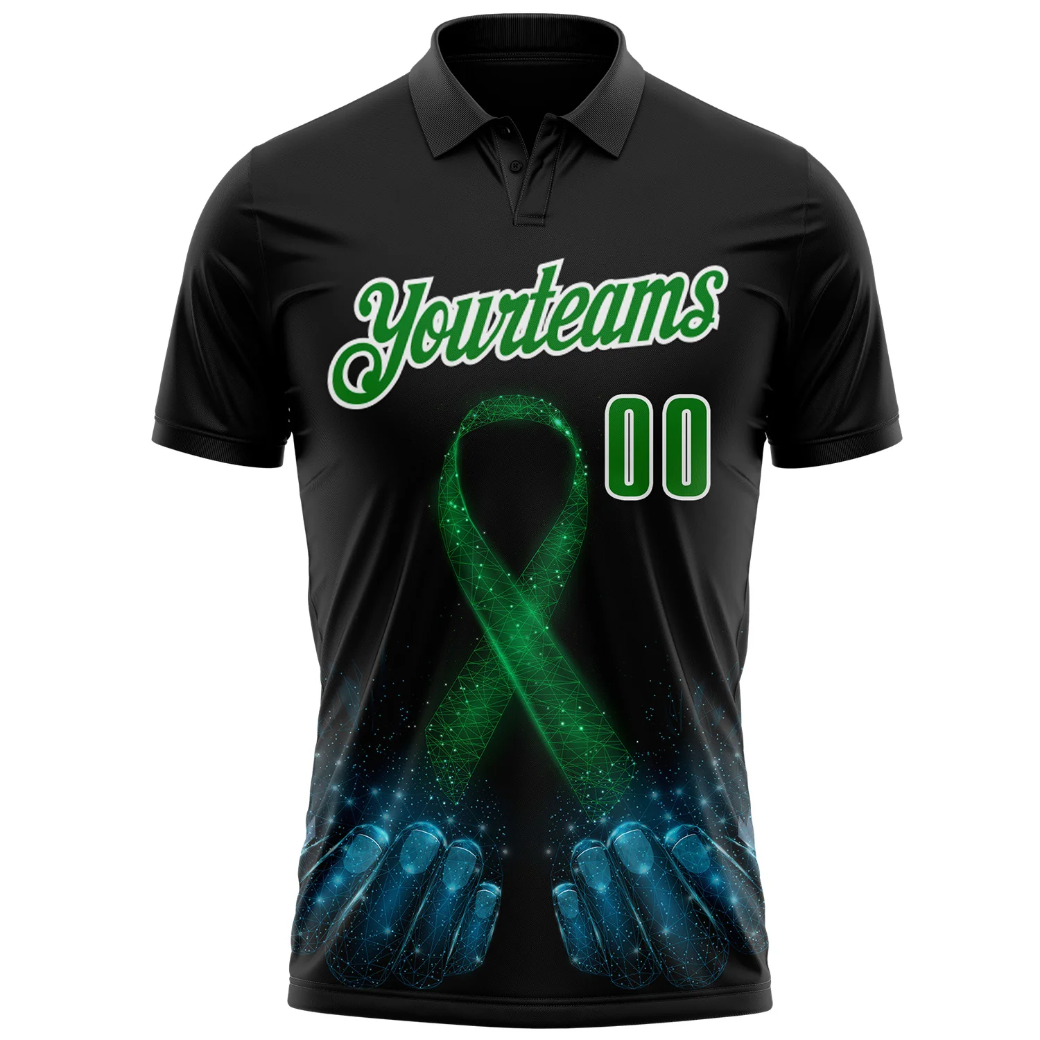 Custom Black Grass Green-White 3D Pattern Design Green Ribbon Liver Cancer Performance Polo Shirt