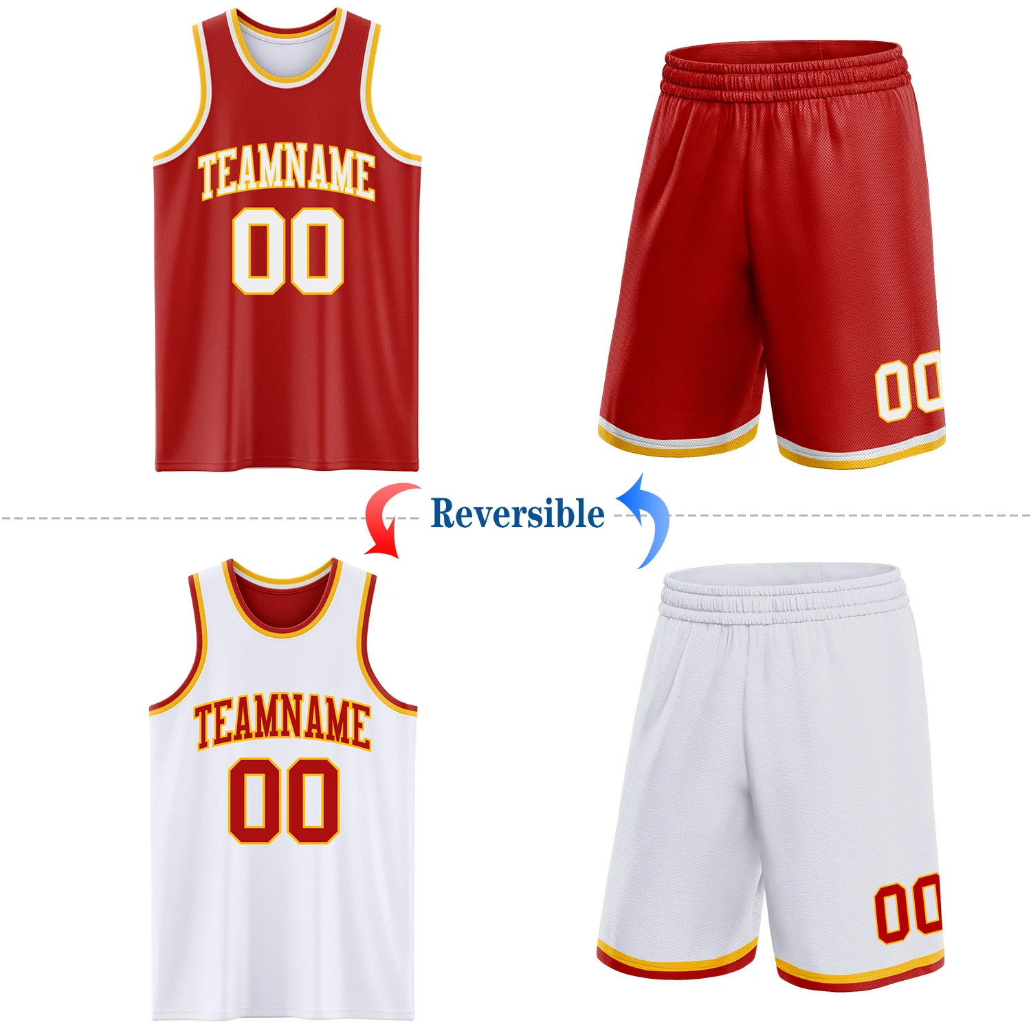 Custom Red White-Gold Reversible Double Side Sublimation Basketball Suit Jersey