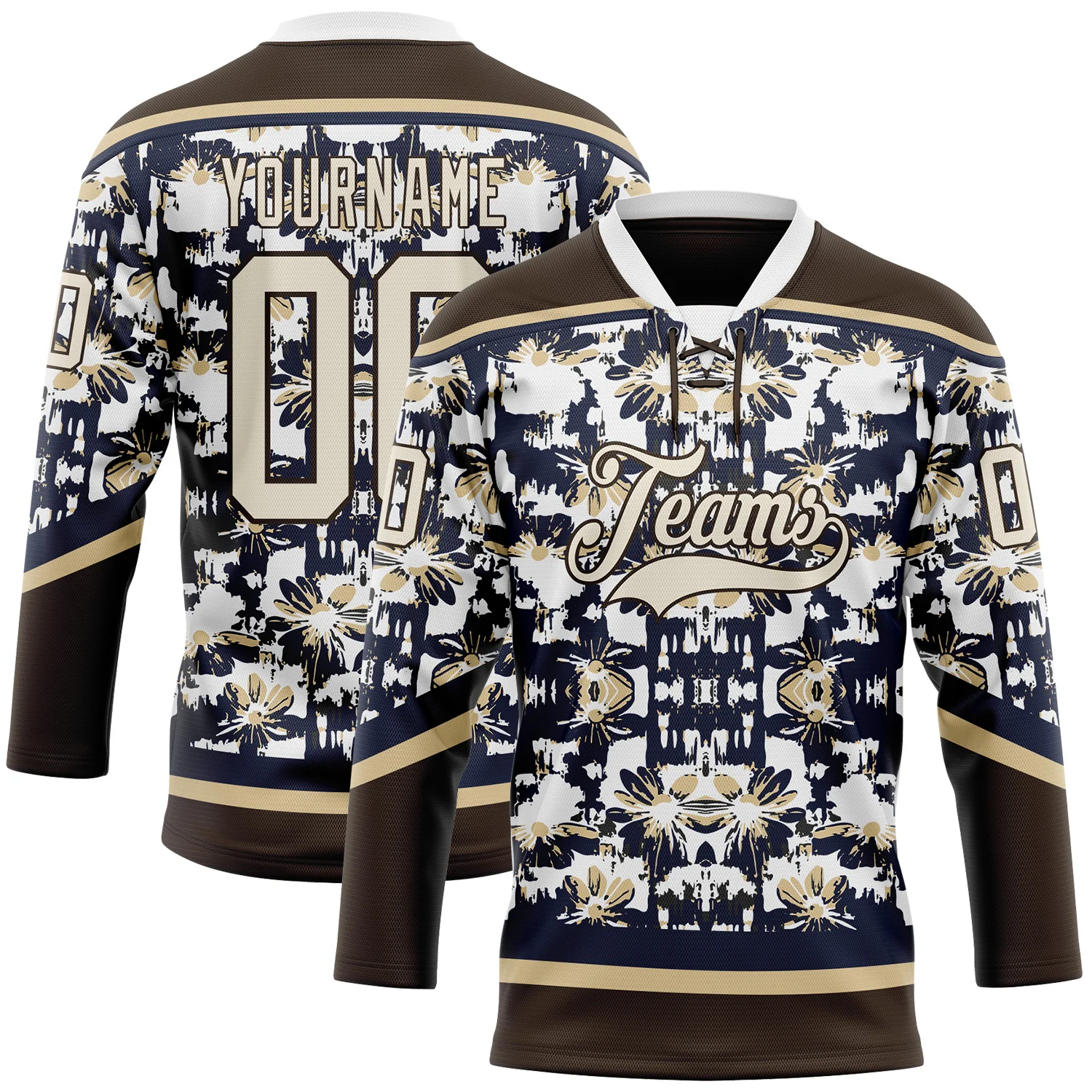 Custom Navy Cream Brown-Vegas Gold 3D Pattern Tribal Indigenous Grunge Floral Splash Hockey Lace Neck Jersey