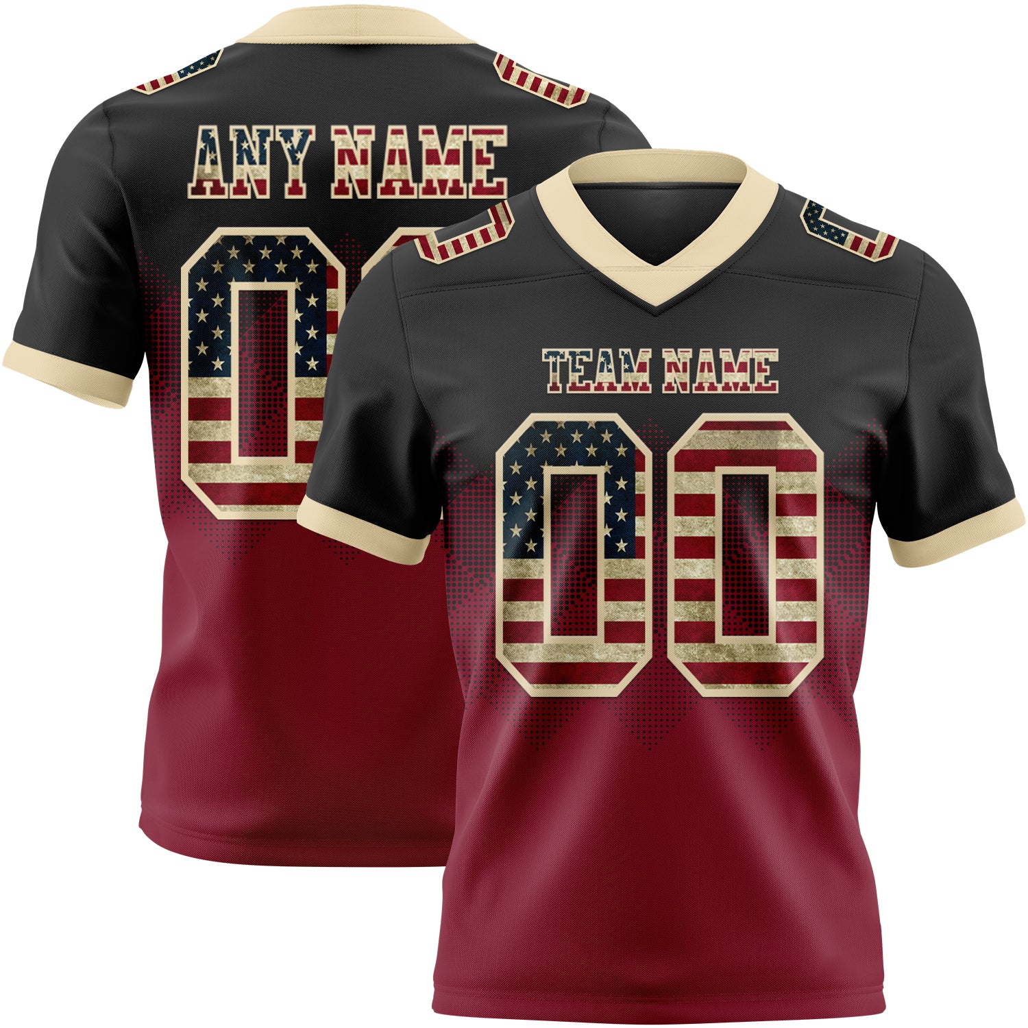 Custom Black Vintage USA Flag Crimson-Cream Authentic Gradient Square Shape Flag Football Jersey