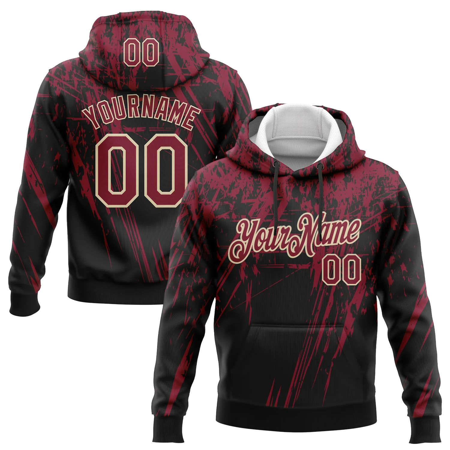 Custom Stitched Black Crimson-Cream 3D Pattern Design Splash Grunge Art Sports Pullover Sweatshirt Hoodie