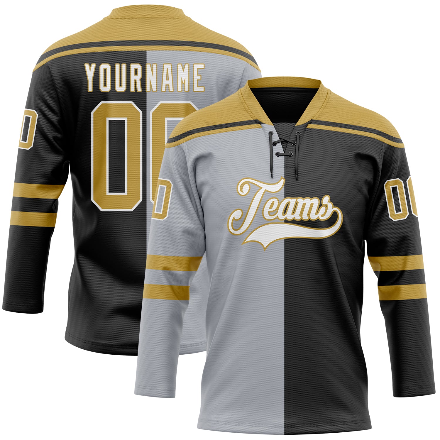 Custom Black Old Gold Gray-White Split Fashion Hockey Lace Neck Jersey