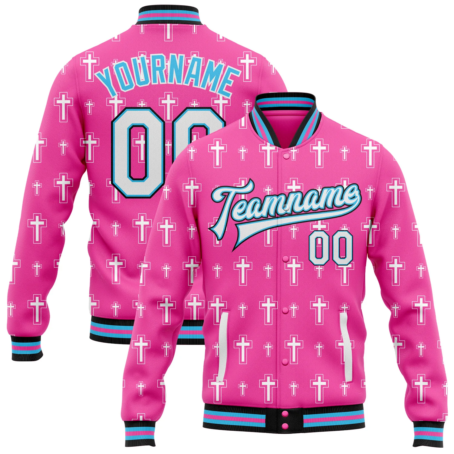 Custom Pink White Sky Blue-Black Gothic Crosses 3D Pattern Design Bomber Full-Snap Varsity Letterman Jacket