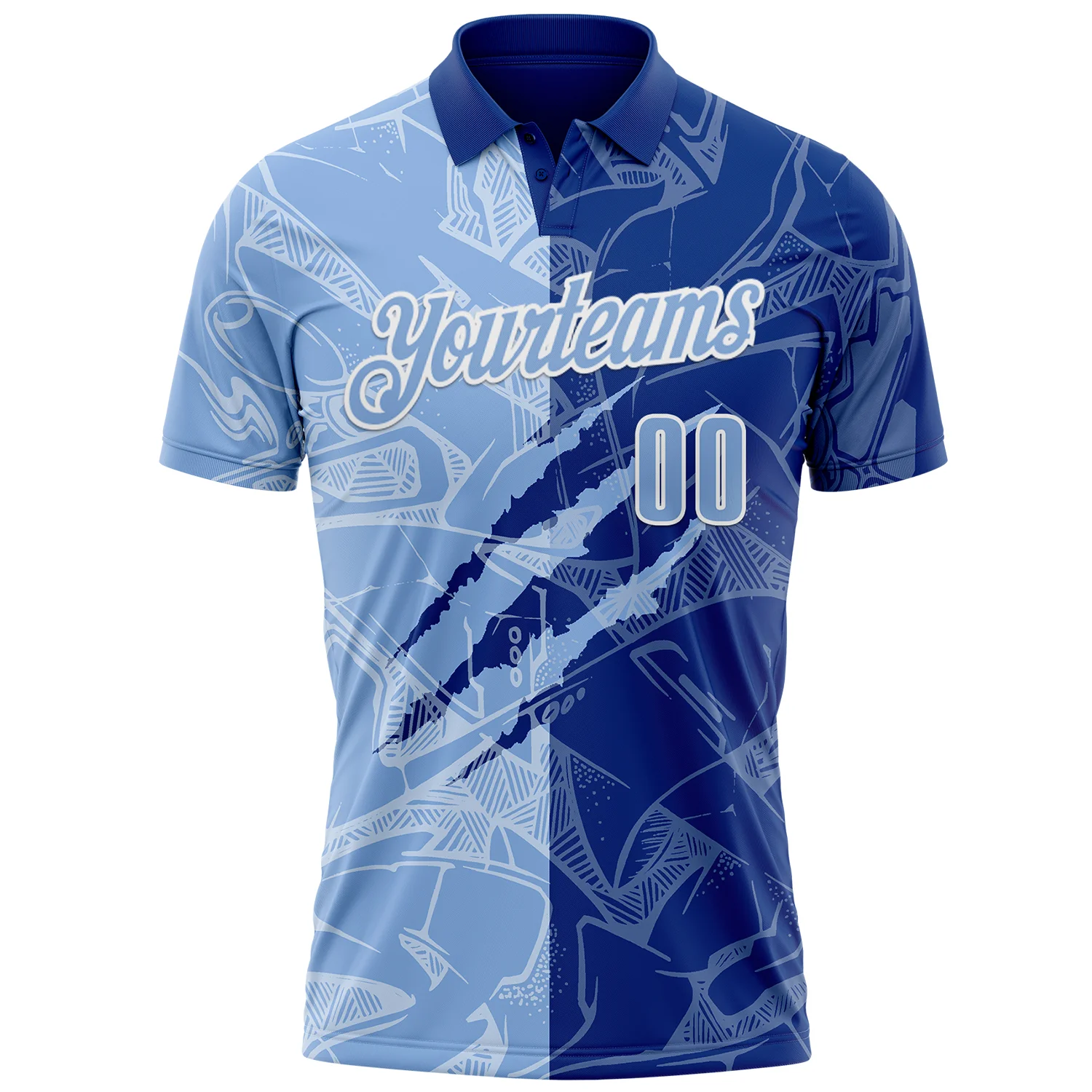 Custom Graffiti Pattern Light Blue Royal-White 3D Scratch Performance Polo Shirt