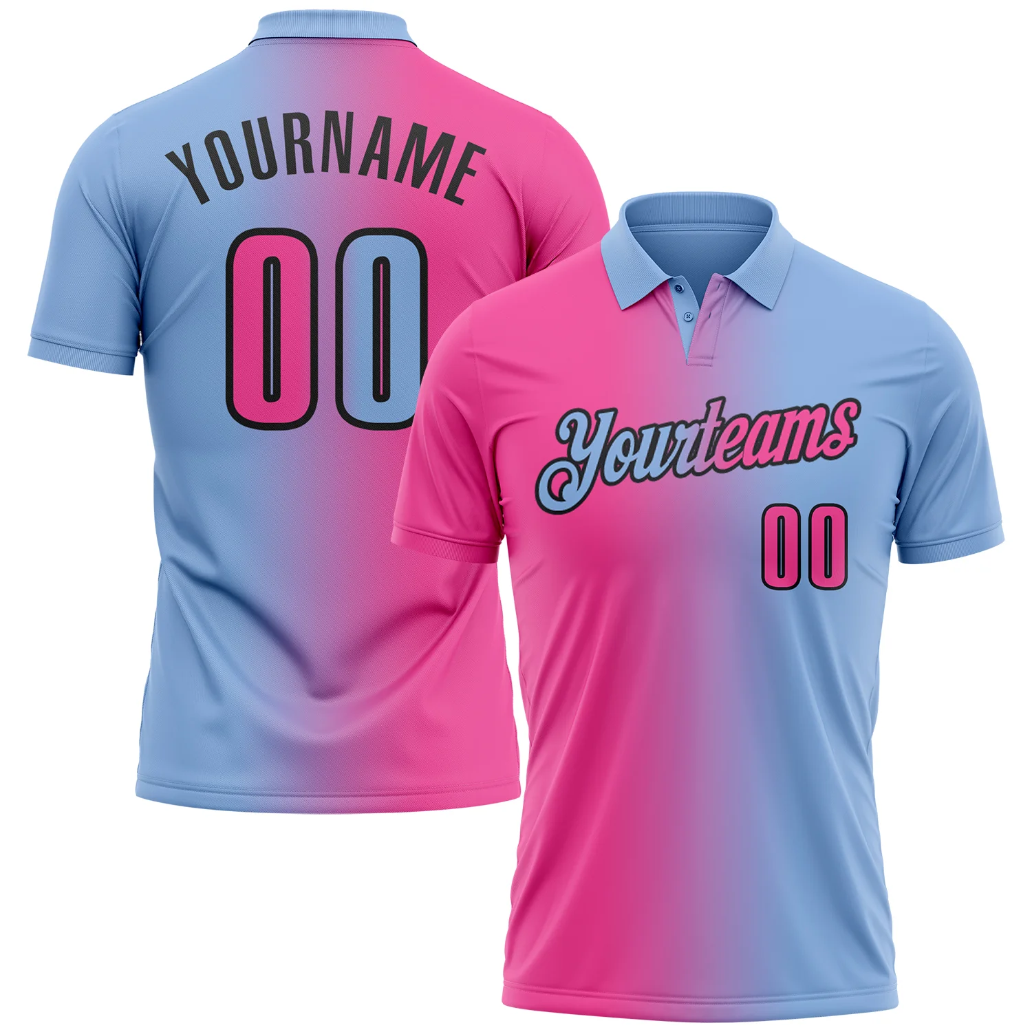 Custom Light Blue Pink-Black 3D Gradient Fashion Performance Polo Shirt