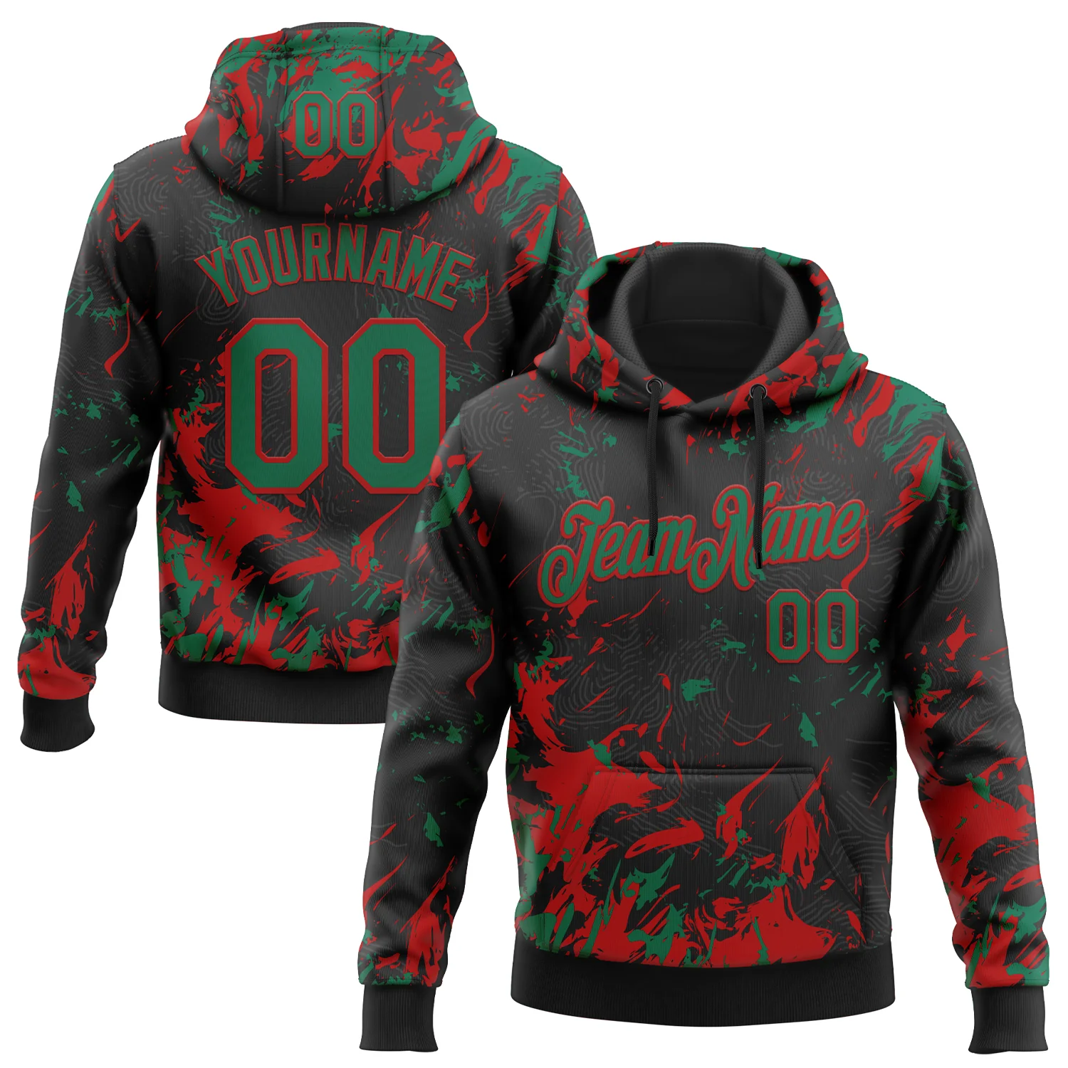 Custom Stitched Black Kelly Green-Red 3D Pattern Design Splash Sports Pullover Sweatshirt Hoodie