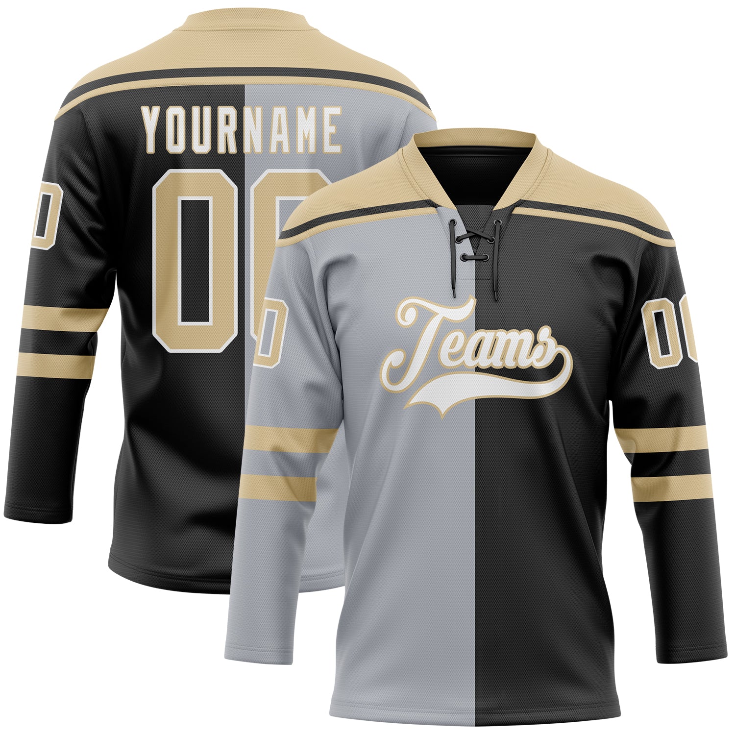 Custom Black Vegas Gold Gray-White Split Fashion Hockey Lace Neck Jersey