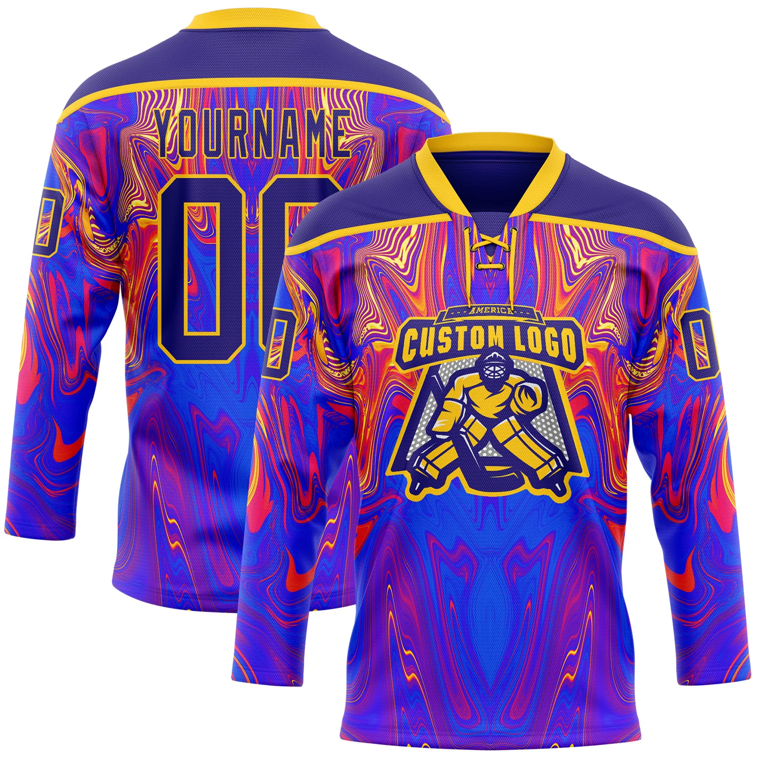 Custom Dark Purple Red-Yellow 3D Pattern Trippy Psychedelic Fluid Hockey Lace Neck Jersey
