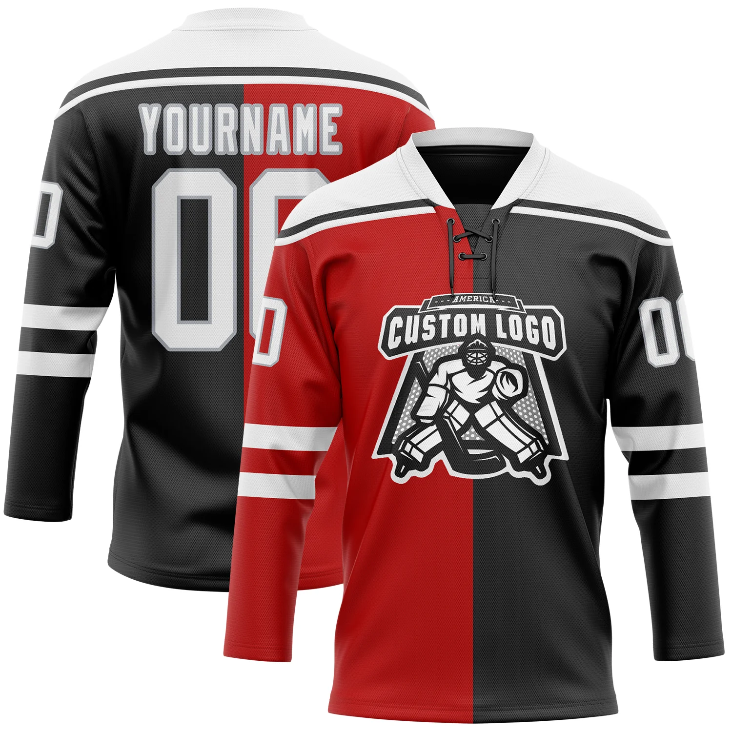 Custom Black White Red-Gray Split Fashion Hockey Lace Neck Jersey