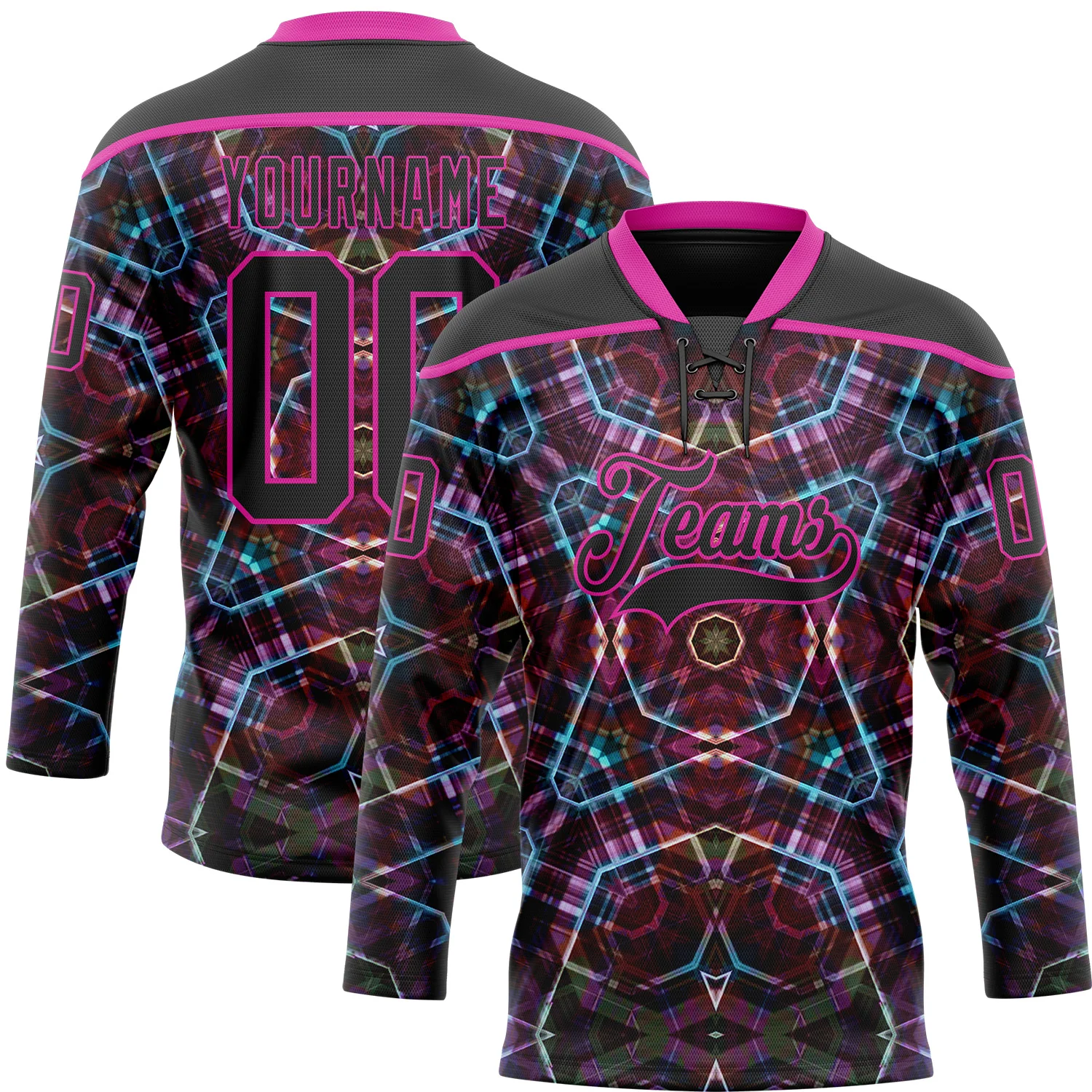Custom Black Deep Pink-Blue 3D Pattern Trippy Psychedelic Geometric Hockey Lace Neck Jersey