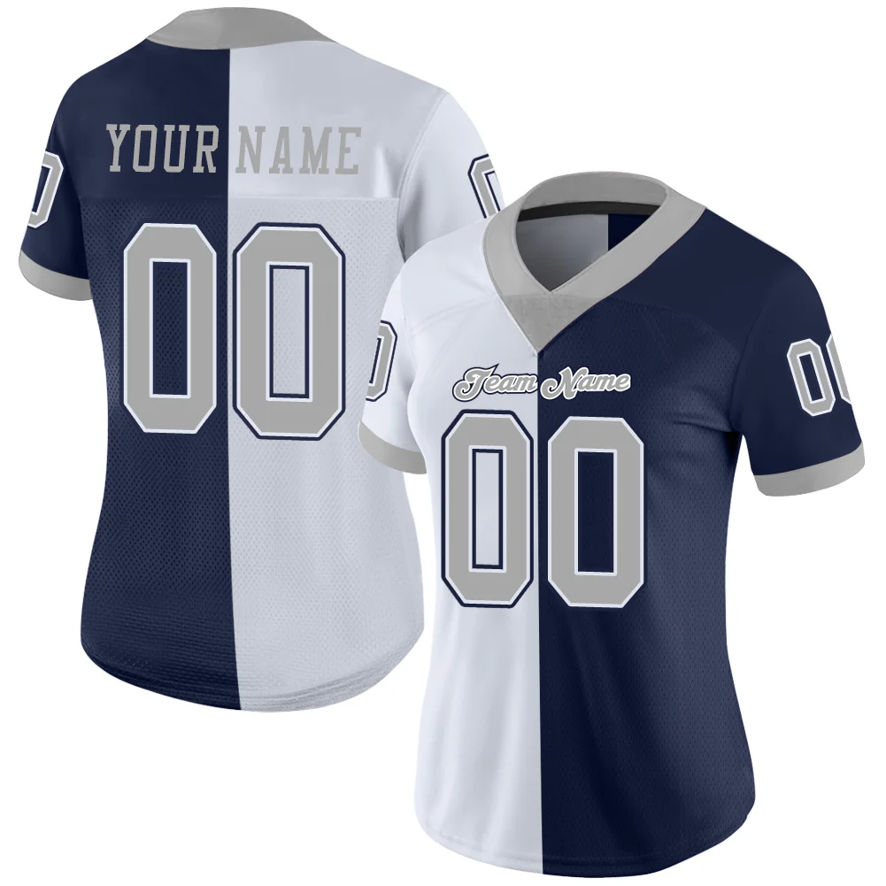 Custom Navy Gray-White Split Fashion Football Jersey