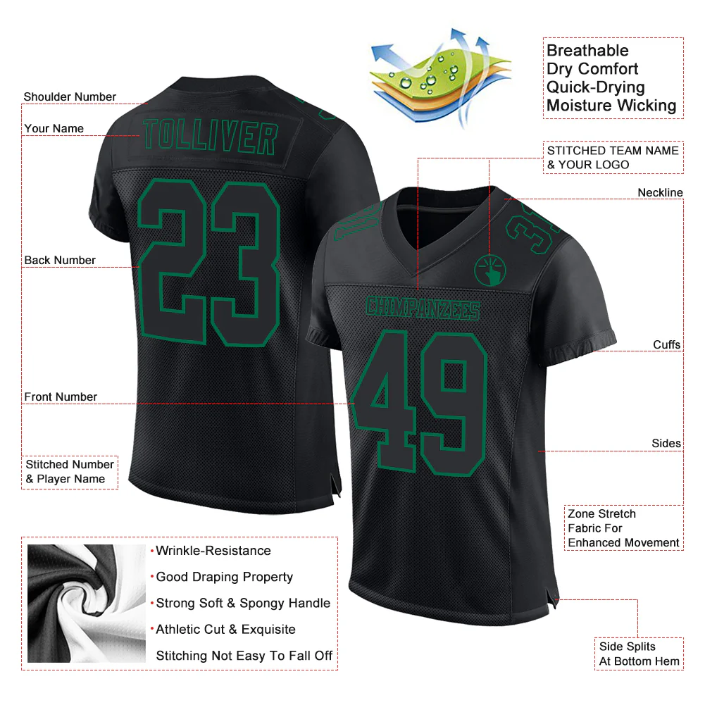 Custom Black Kelly Green Mesh Authentic Football Jersey