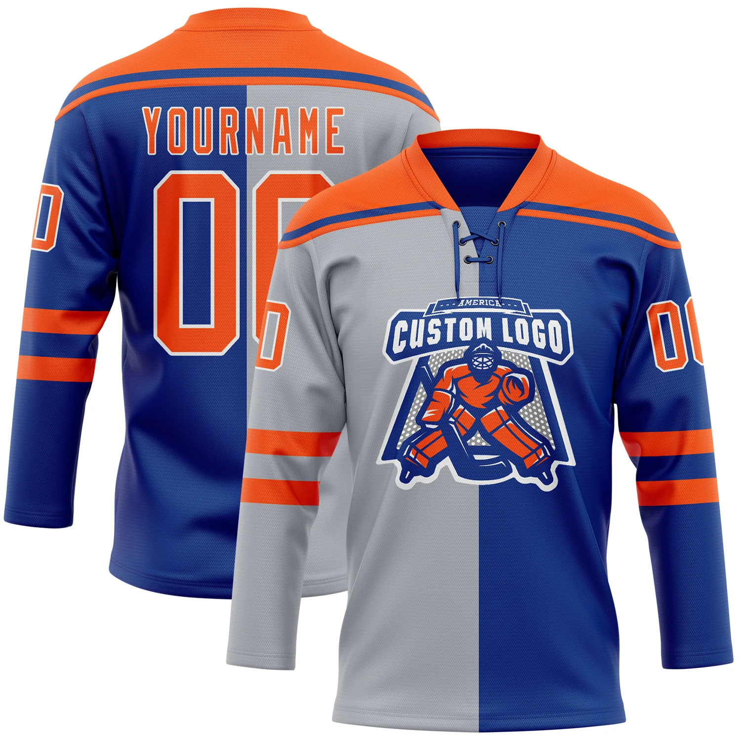 Custom Royal Orange Gray-White Split Fashion Hockey Lace Neck Jersey