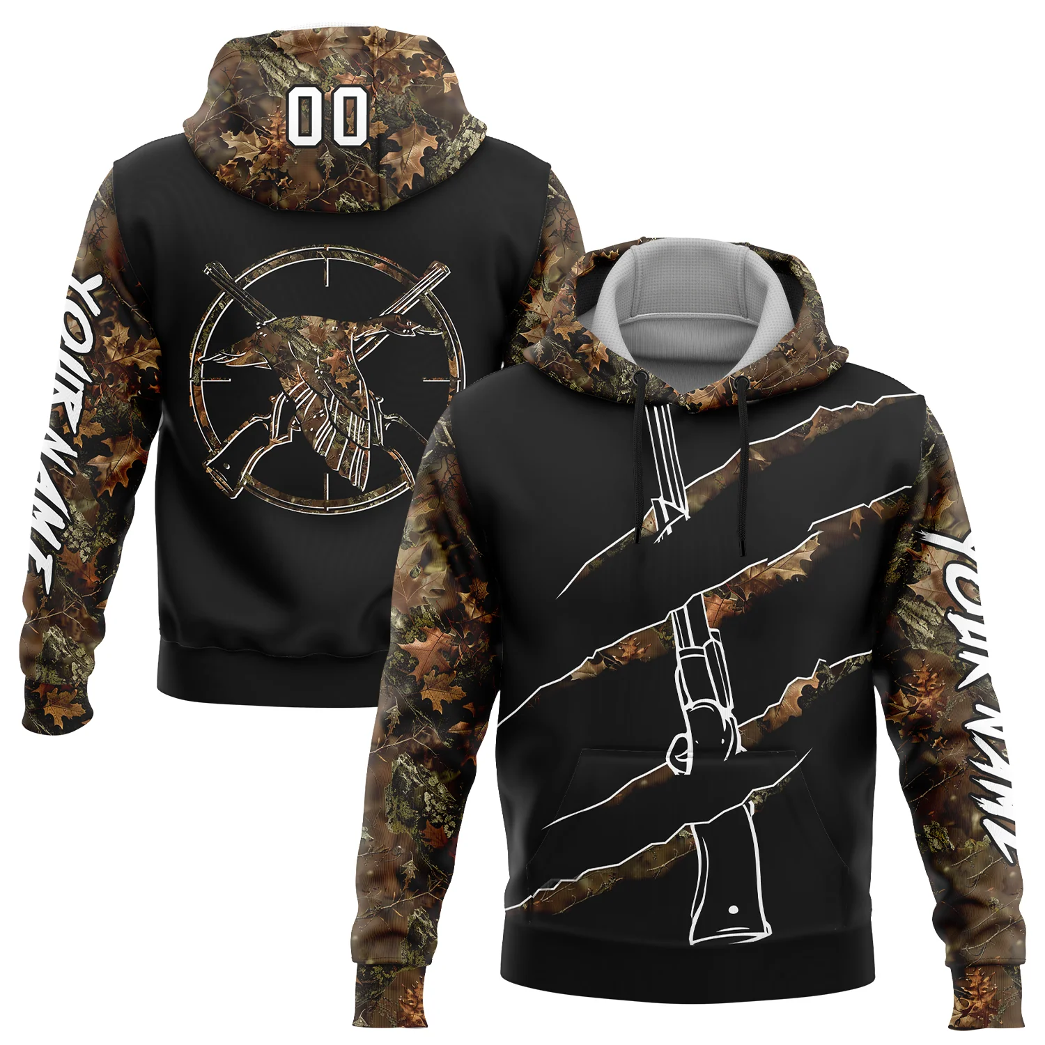 Custom Black White-Camo 3D Duck Gun Hunting Sports Pullover Sweatshirt Hoodie