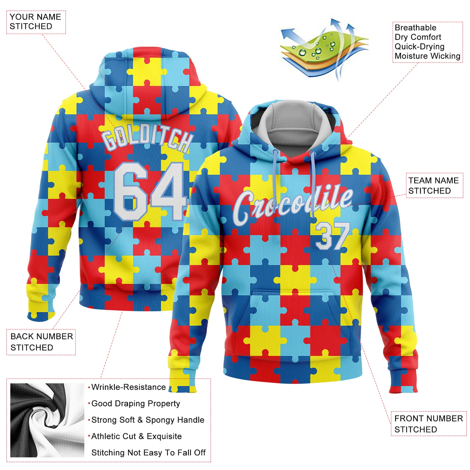 Custom Stitched Autism Supporter Awareness Puzzle Pieces White-Light Blue 3D Pattern Design Sports Pullover Sweatshirt Hoodie