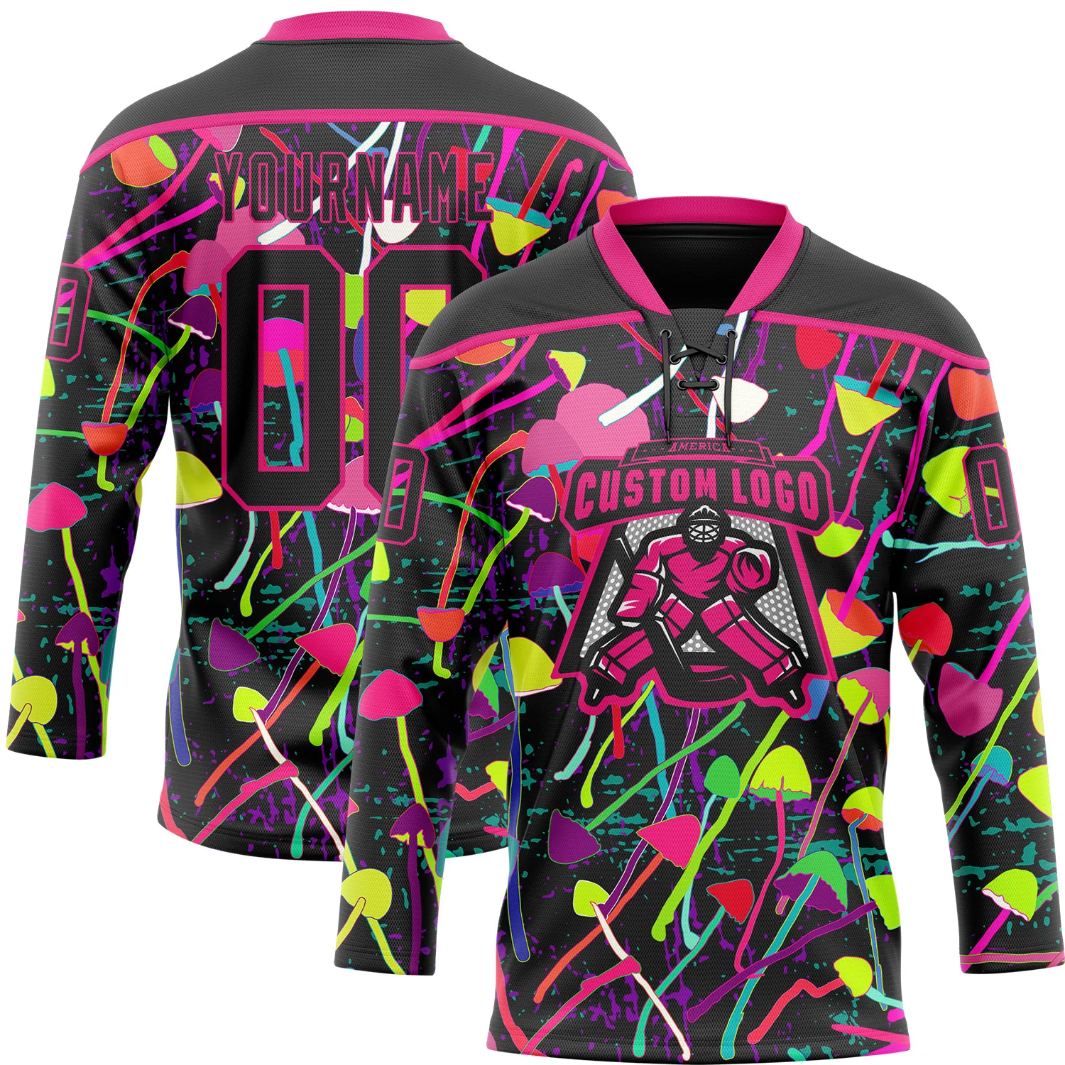 Custom Black Hot Pink 3D Pattern Trippy Psychedelic Magic Mushrooms Hockey Lace Neck Jersey