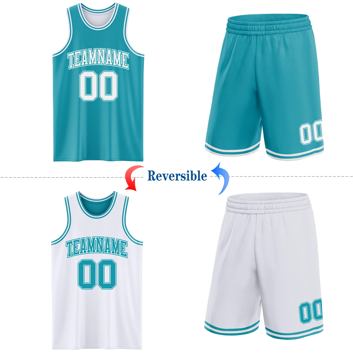 Custom Reversible Teal White Double Side Sublimation Basketball Suit Jersey
