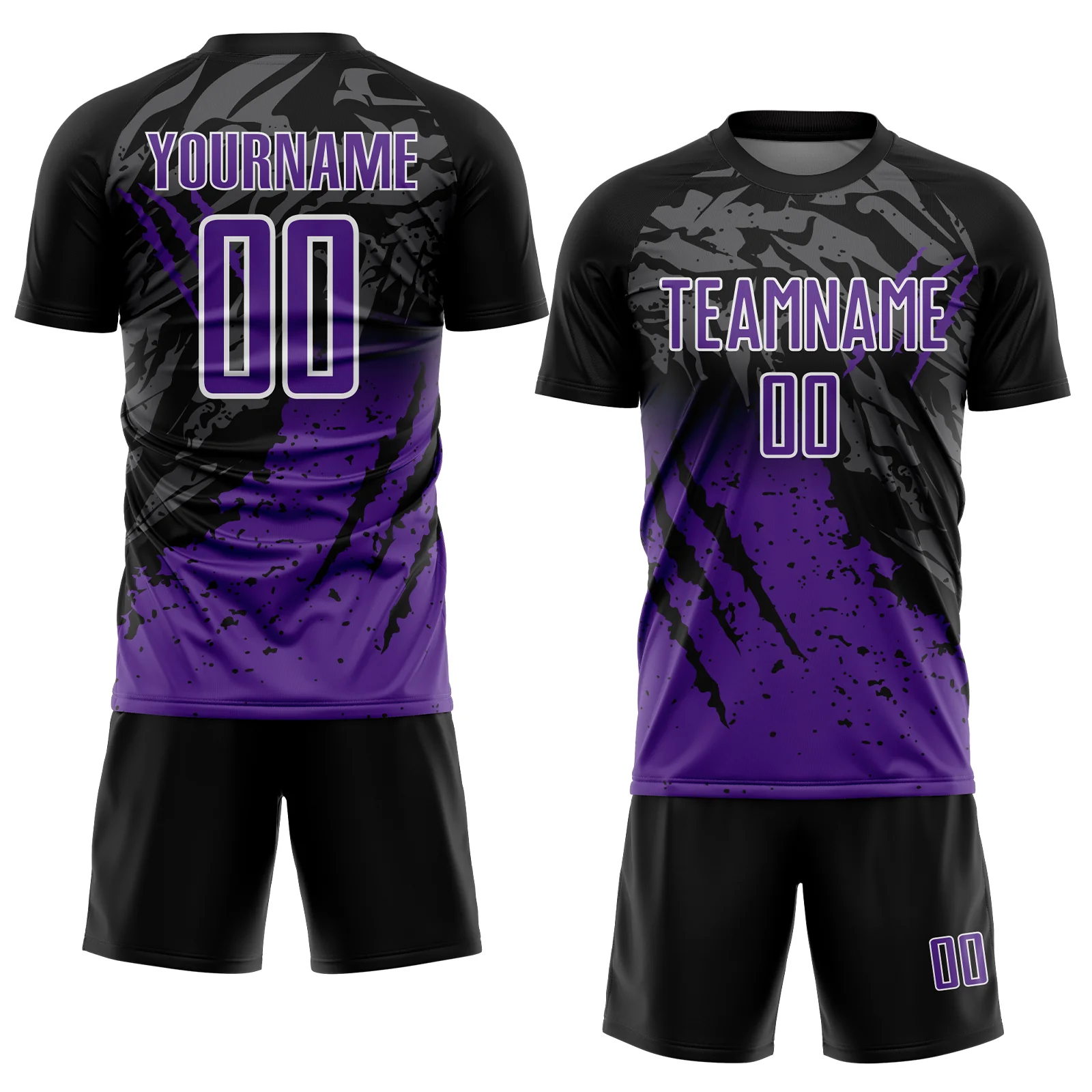 Custom Black Purple-White Gradient Scratch Splash Sublimation Soccer Uniform Jersey