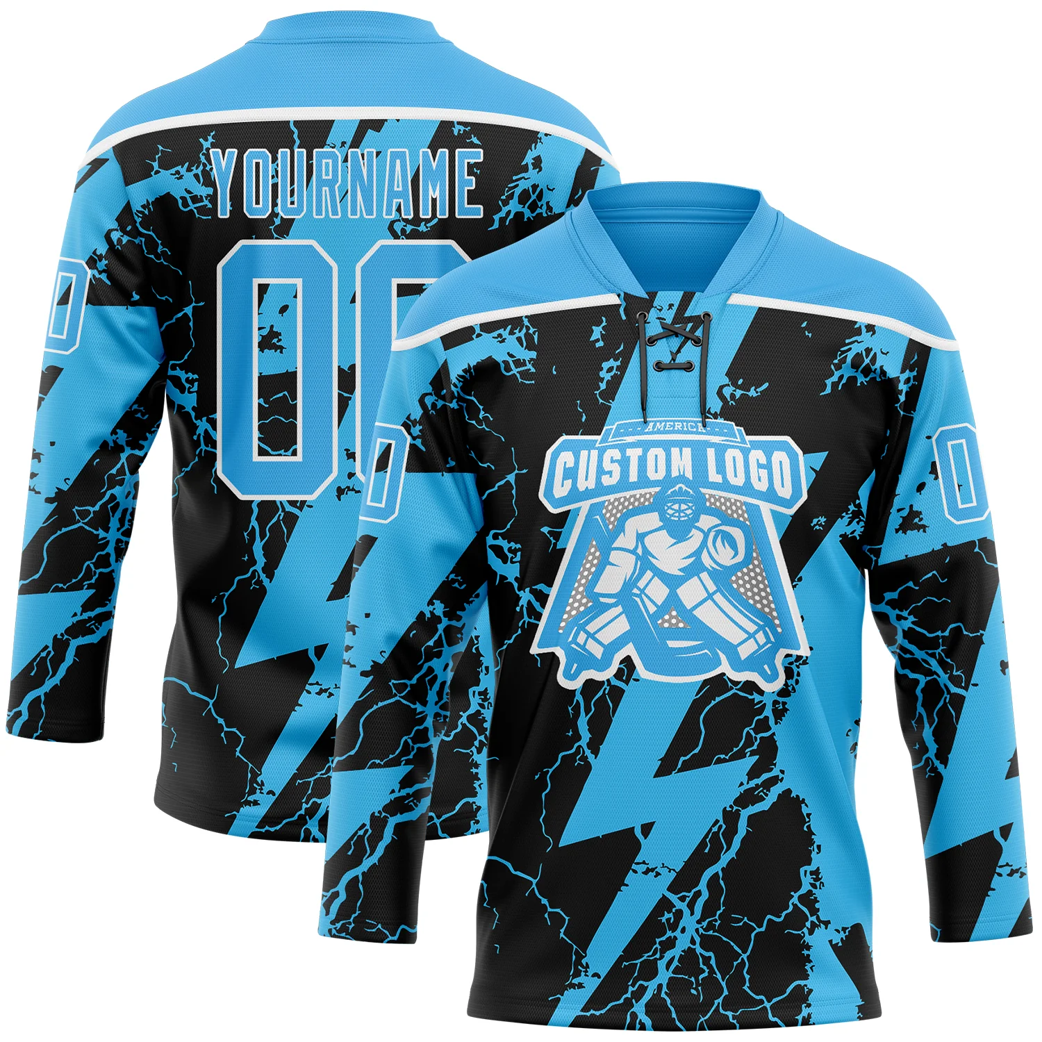 Custom Sky Blue Black-White 3D Pattern Lightning Hockey Lace Neck Jersey