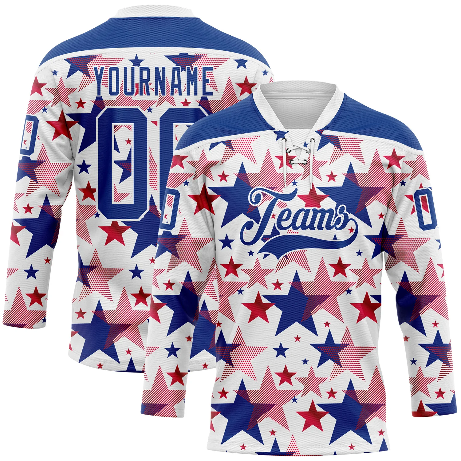 Custom White Royal-Red American Flag Hockey Lace Neck Jersey