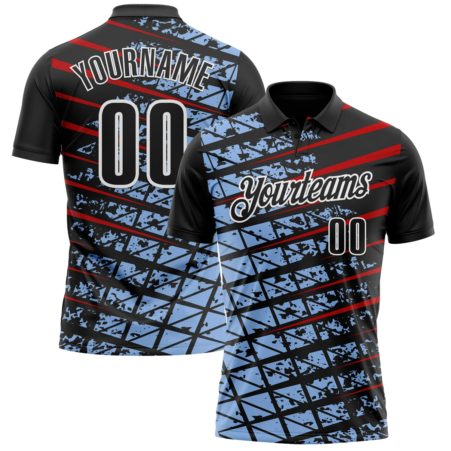 Custom Black Light Blue Red-White 3D Pattern Design Grid And Fragment Art Performance Polo Shirt