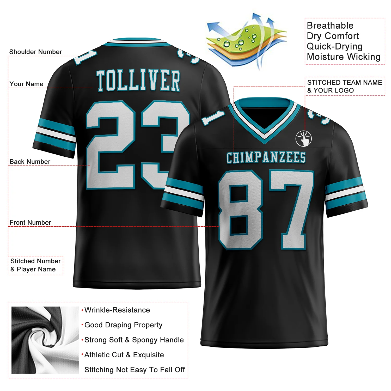 Custom Black White-Teal Authentic Football Jersey