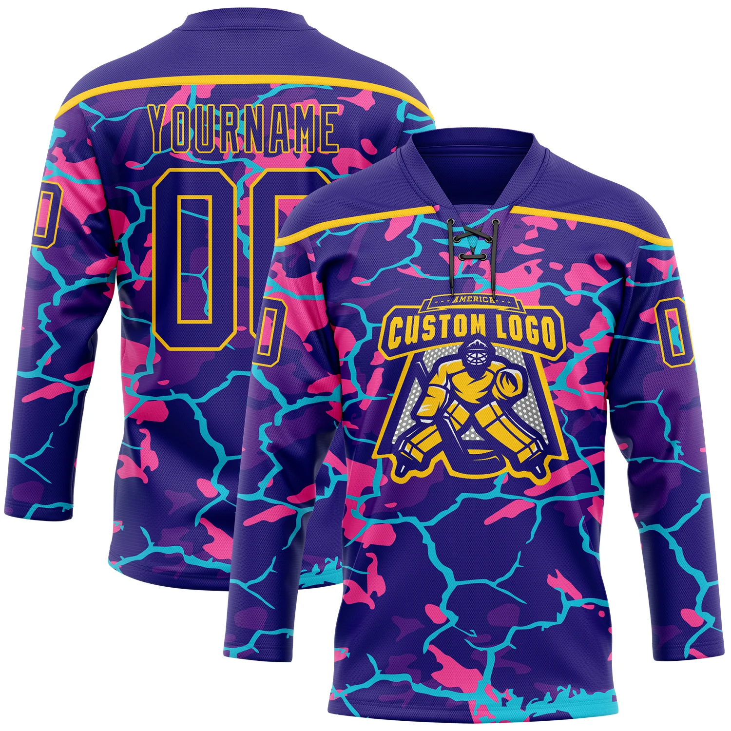 Custom Dark Purple Pink Blue-Yellow 3D Pattern Lightning Hockey Lace Neck Jersey