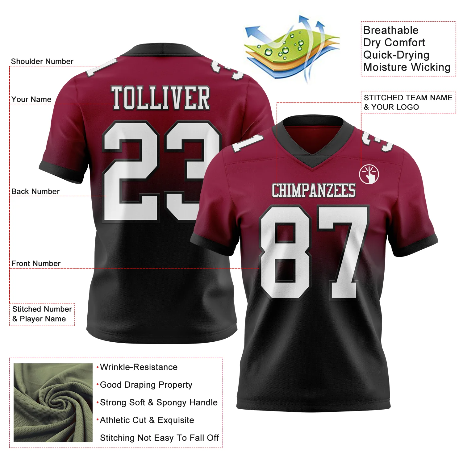 Custom Maroon White-Black Authentic Fade Fashion Football Jersey