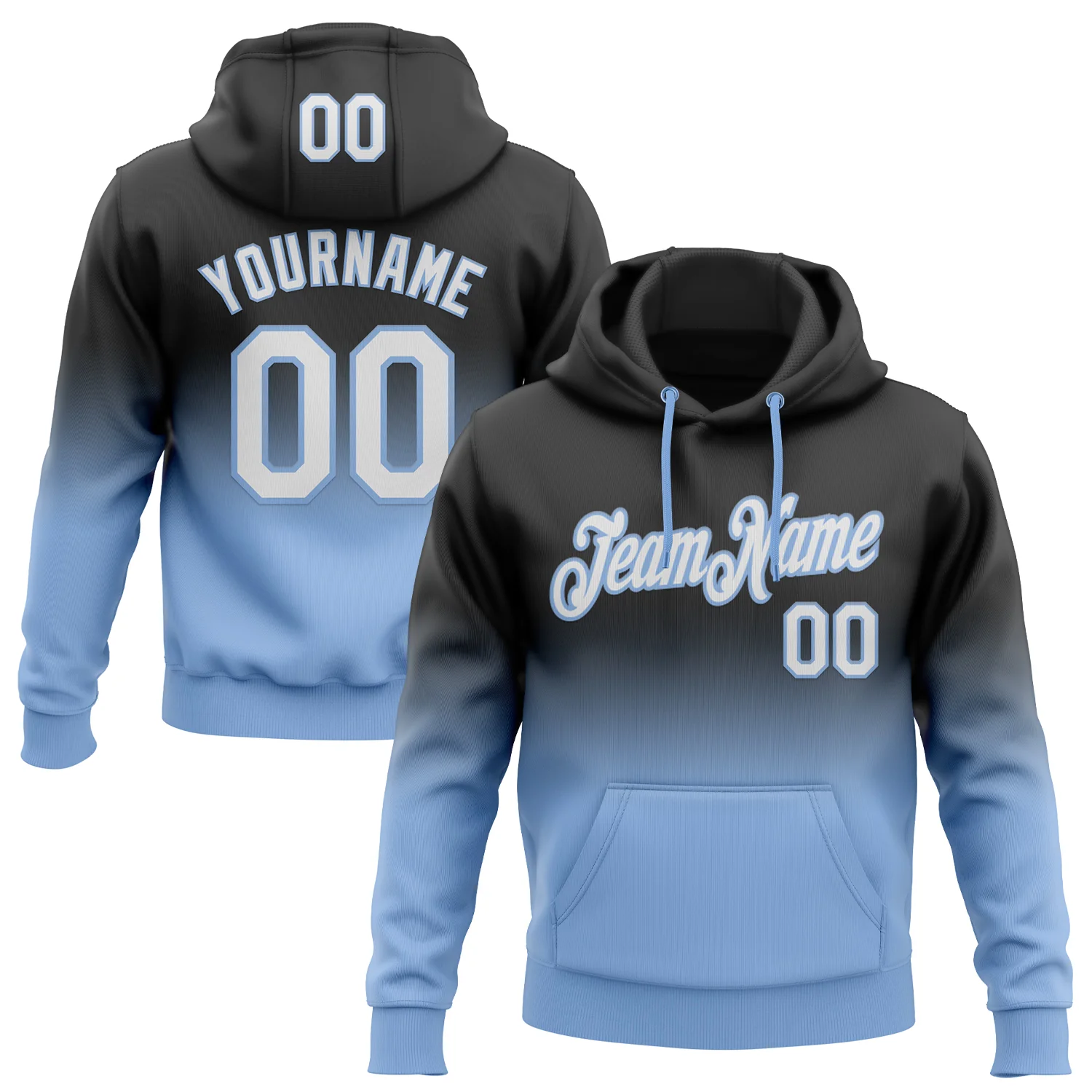 Custom Stitched Black White-Light Blue Fade Fashion Sports Pullover Sweatshirt Hoodie