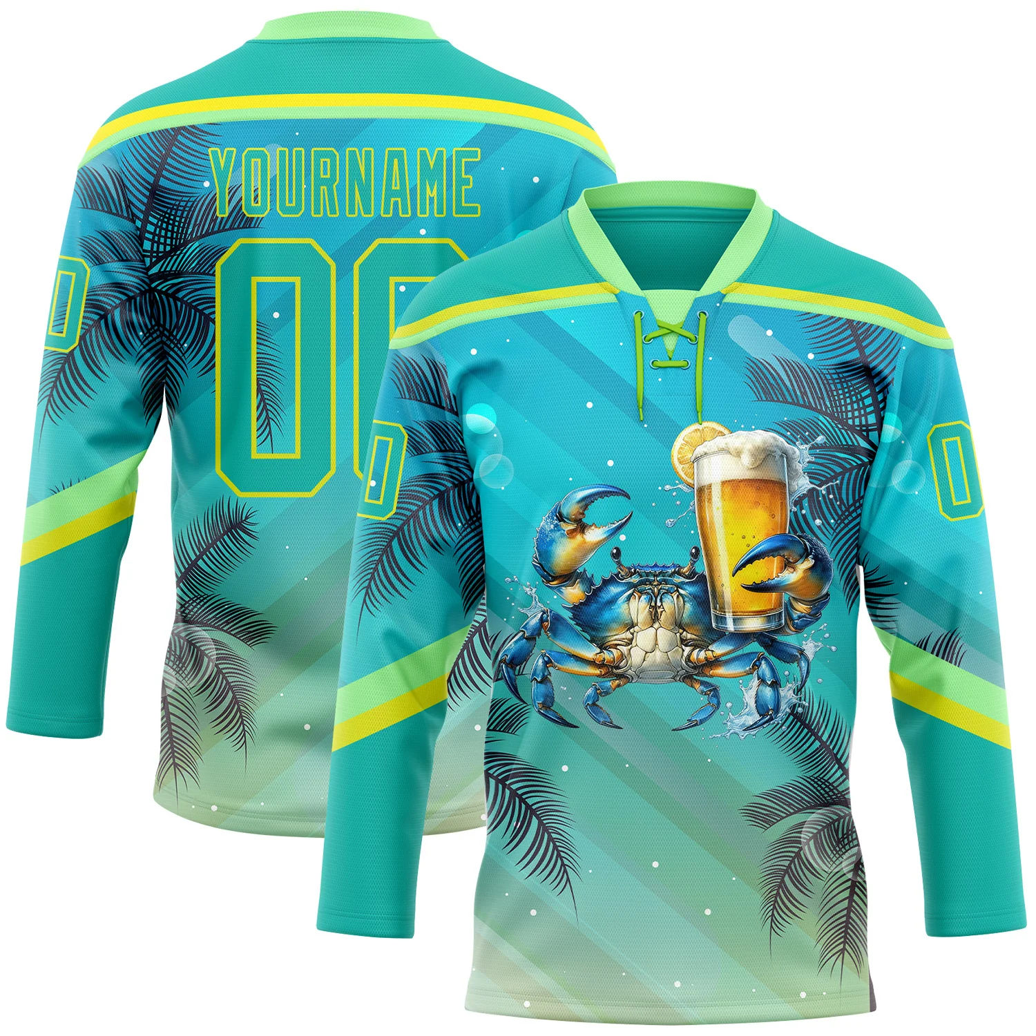 Custom Aqua Neon Yellow-Pea Green 3D Pattern Gradient Hawaii Tropical Palm Trees Hockey Lace Neck Jersey