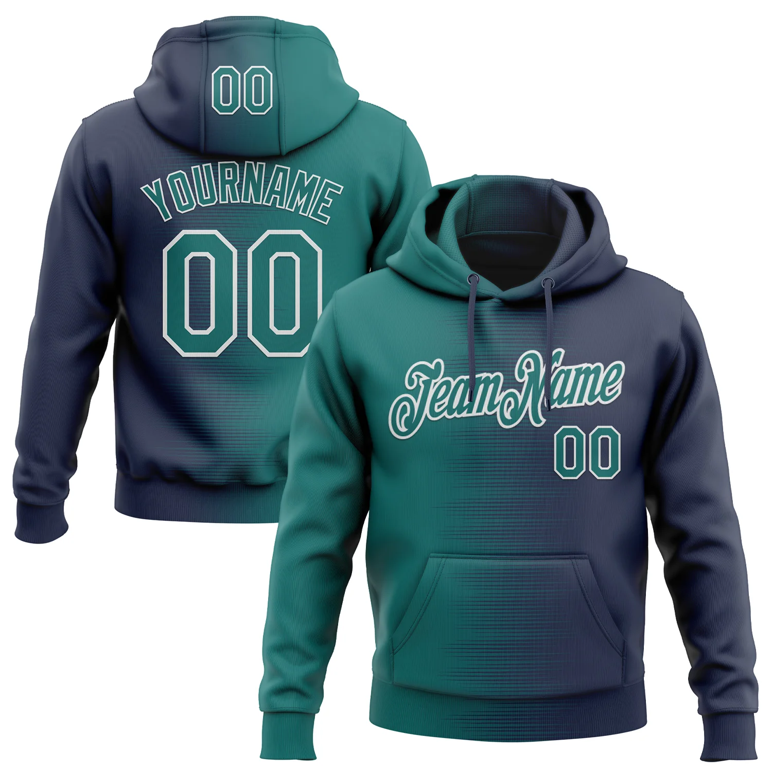 Custom Stitched Navy Teal-White 3D Pattern Design Gradient Line Sports Pullover Sweatshirt Hoodie