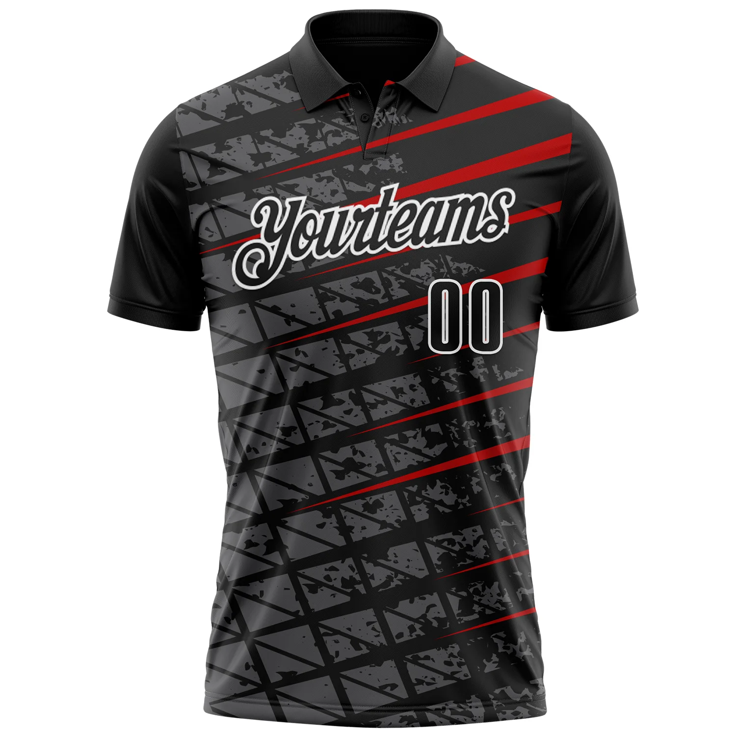Custom Black Steel Gray Red-White 3D Pattern Design Grid And Fragment Art Performance Polo Shirt