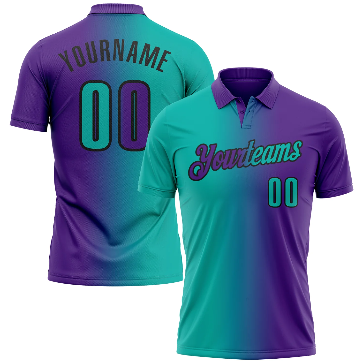 Custom Purple Aqua-Black 3D Gradient Fashion Performance Polo Shirt