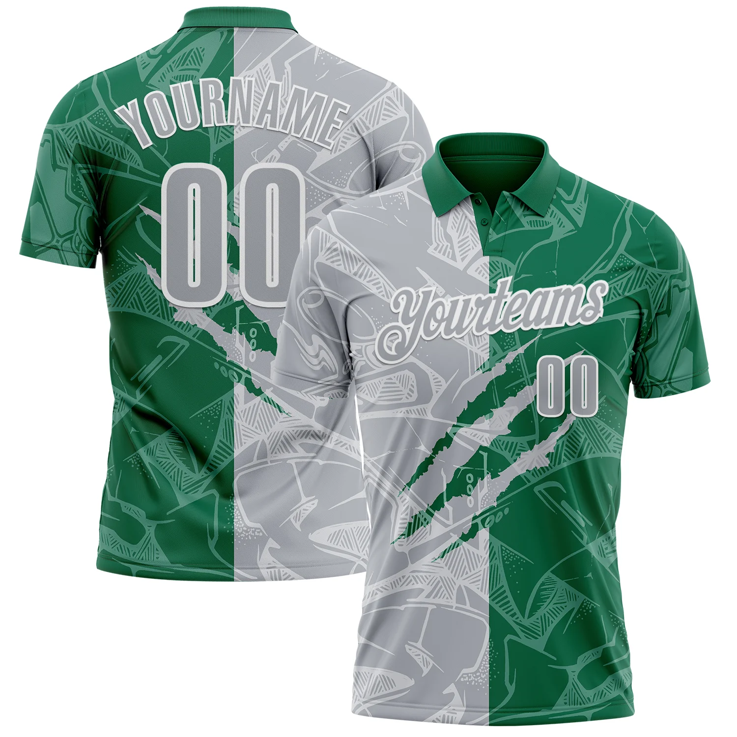 Custom Graffiti Pattern Gray Kelly Green-White 3D Scratch Performance Polo Shirt