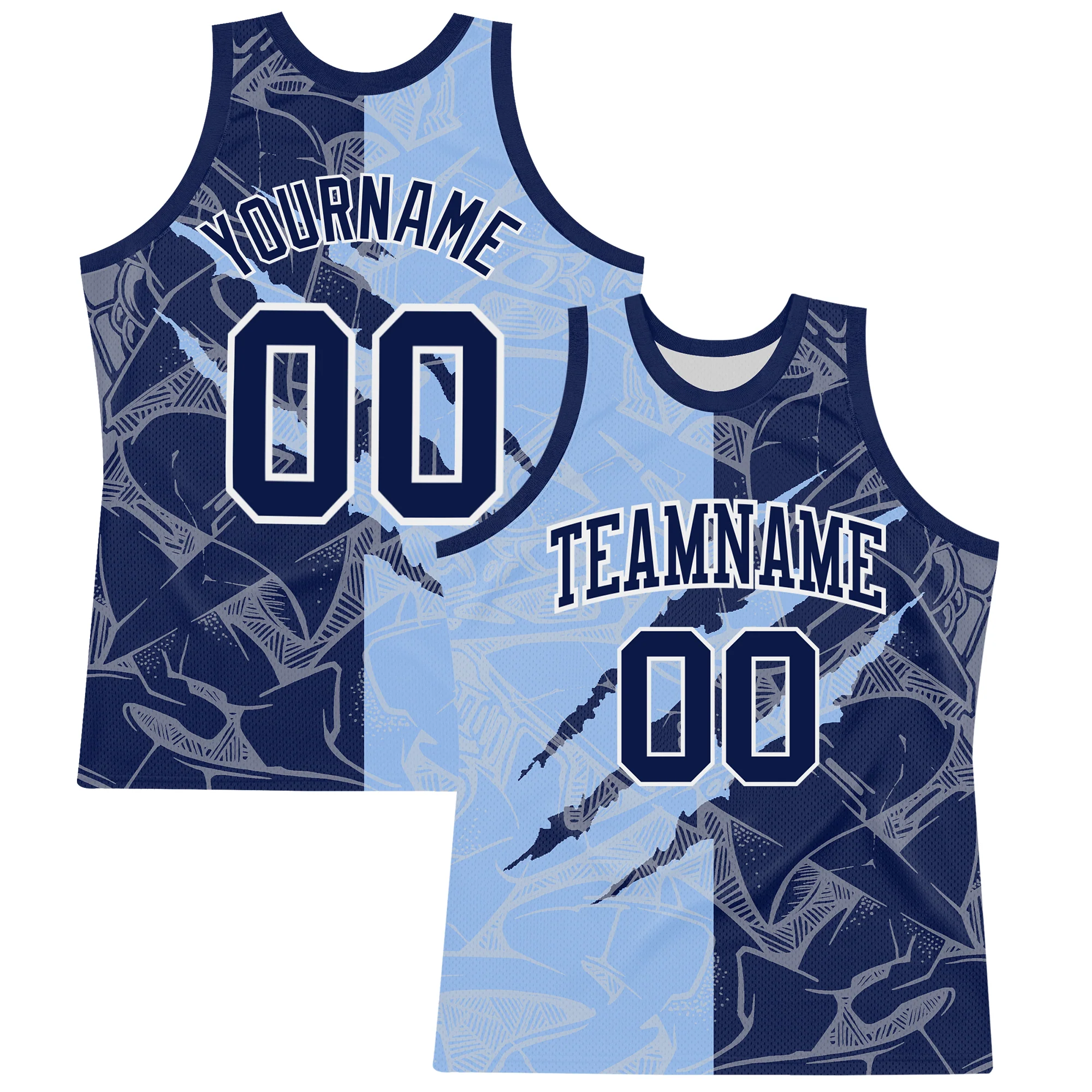 Custom Graffiti Pattern Navy Light Blue-White Scratch Round Neck Sublimation Basketball Suit Jersey