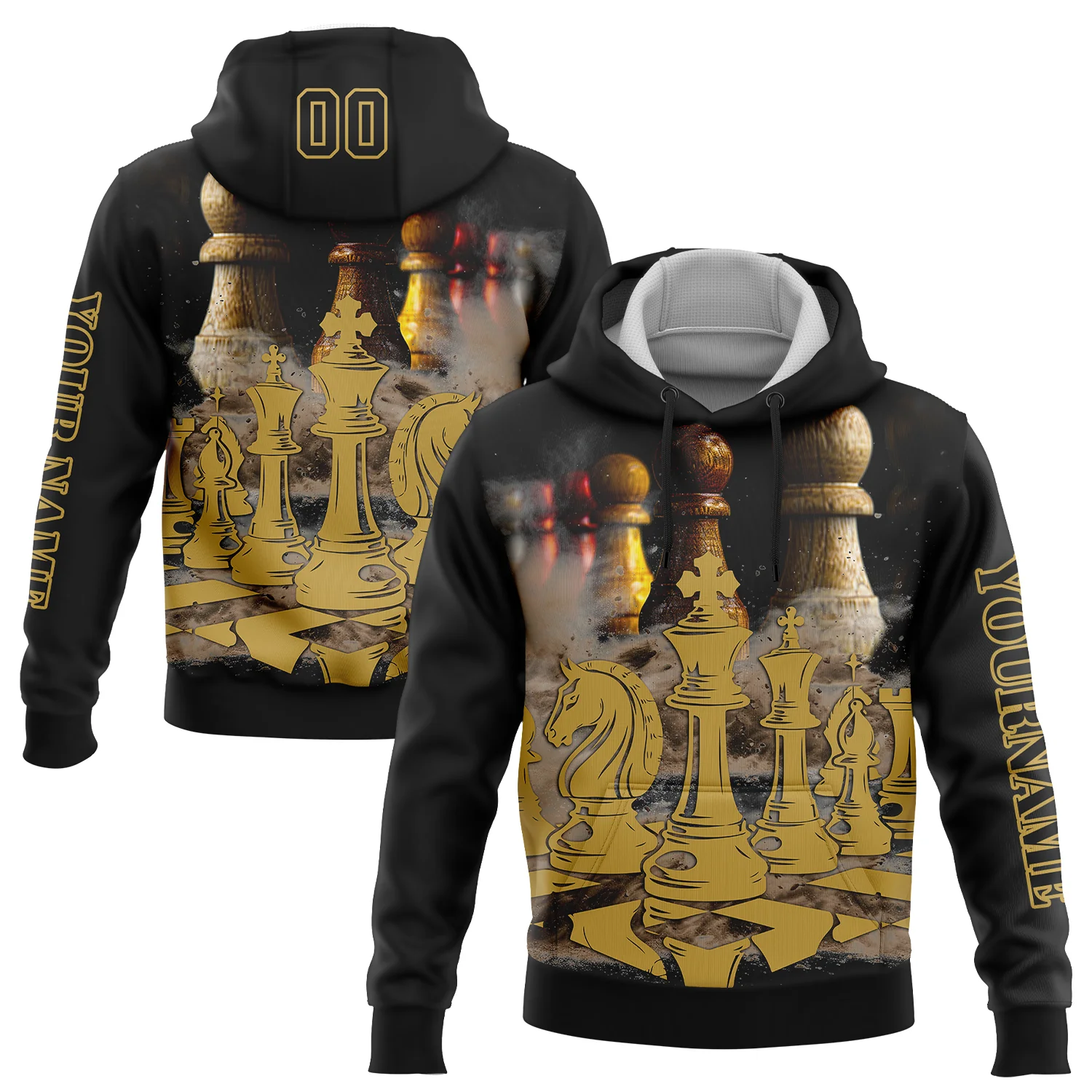 Custom Black Old Gold 3D Chess International Chess Day Sports Pullover Sweatshirt Hoodie