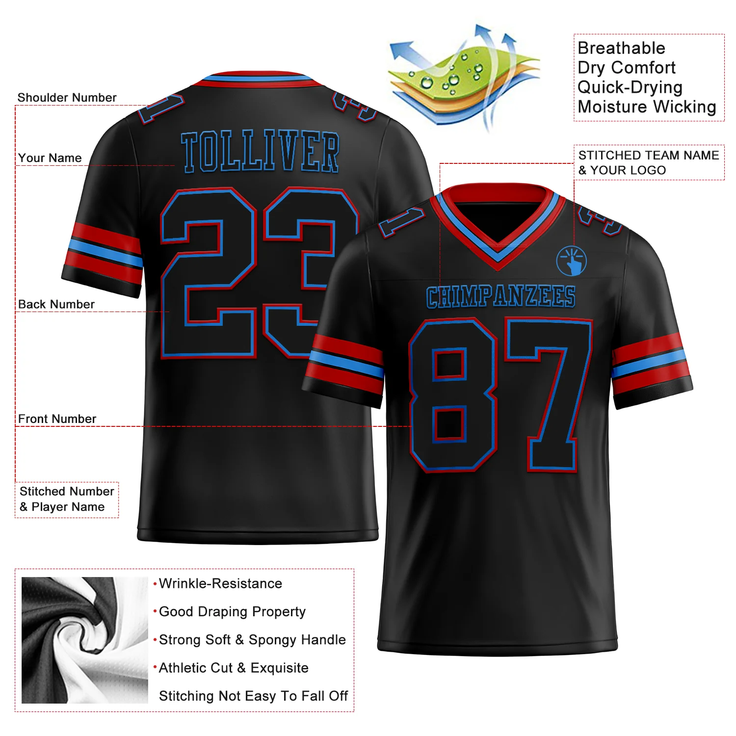 Custom Black Powder Blue-Red Authentic Football Jersey