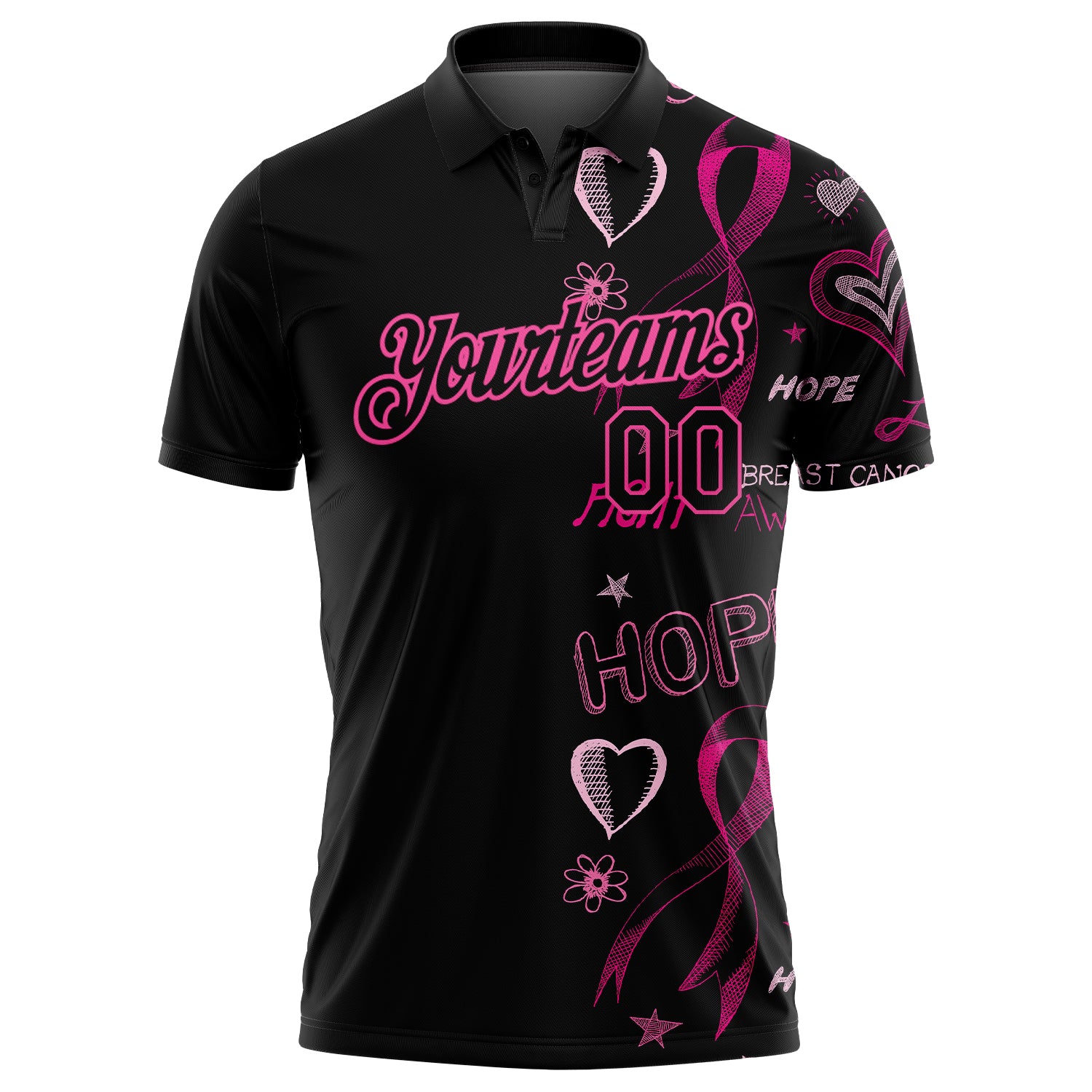 Custom Black Pink 3D Pink Ribbon Breast Cancer Awareness Month Women Health Care Support Performance Golf Polo Shirt
