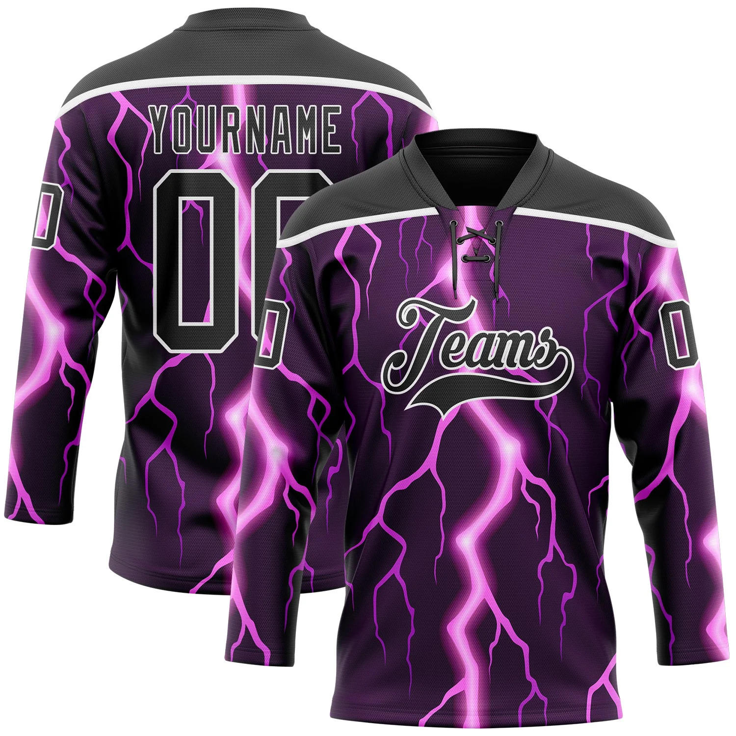 Custom Black Purple Pink-White 3D Pattern Lightning Hockey Lace Neck Jersey