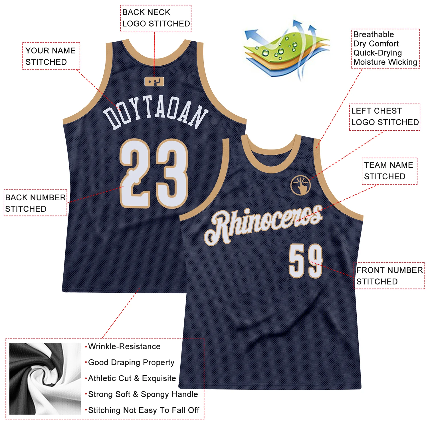 Custom Navy White-Old Gold Authentic Throwback Basketball Jersey