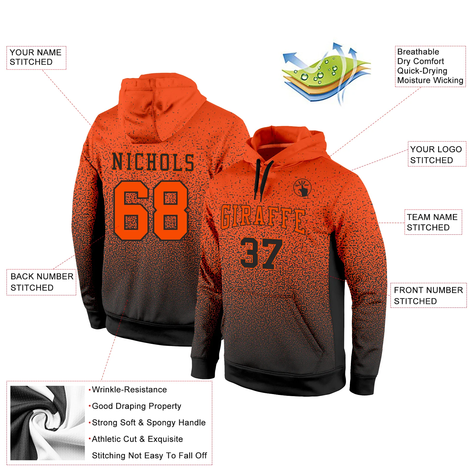 Custom Stitched Black Orange Fade Fashion Sports Pullover Sweatshirt Hoodie