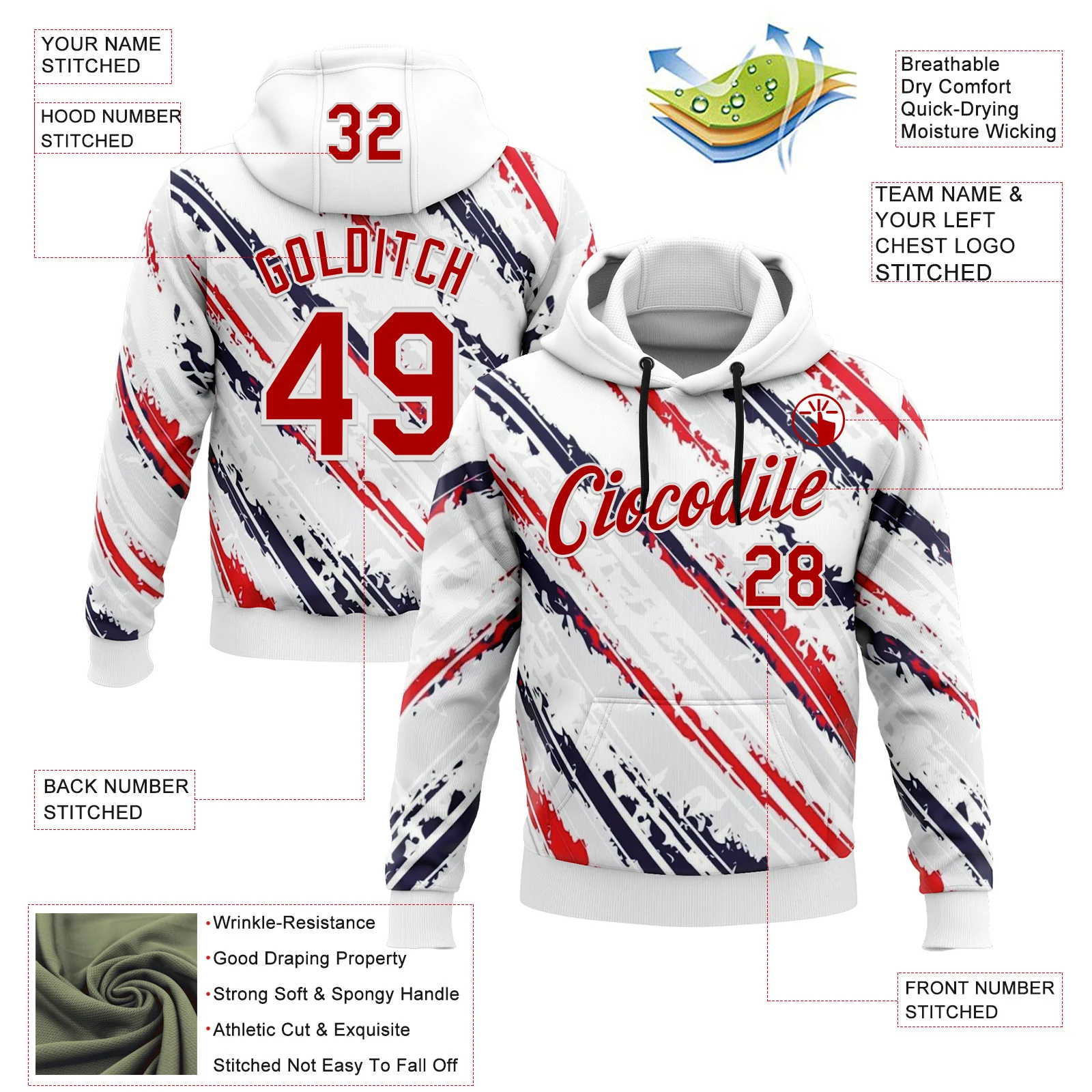 Custom Stitched White Red-Navy 3D Pattern Design American Inspired Graffiti Splash Sportswear Pullover Sweatshirt Hoodie