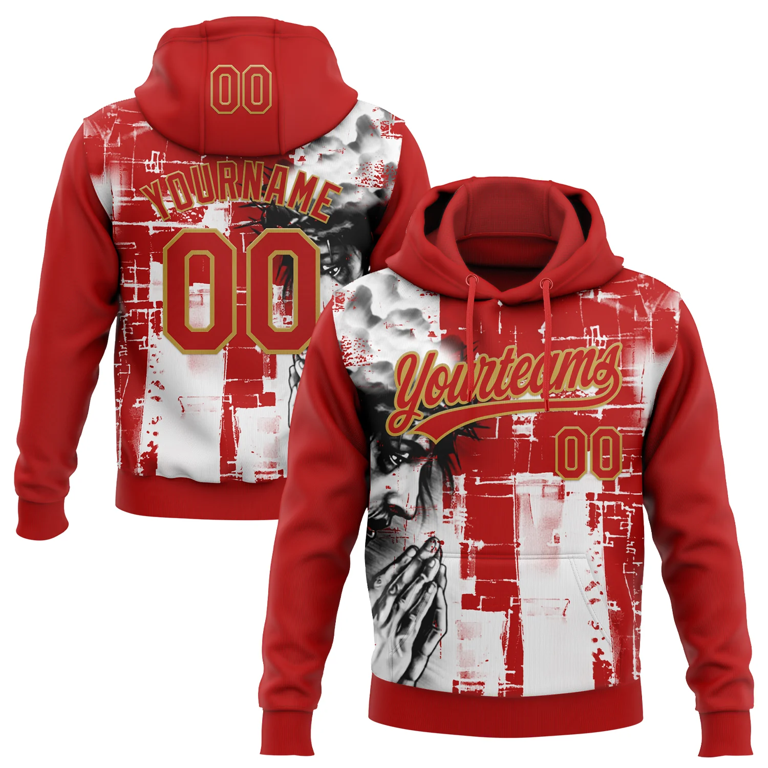 Custom Stitched Red Old Gold Black-White 3D Pattern Design Religion Jesus Christ Pullover Sweatshirt Hoodie